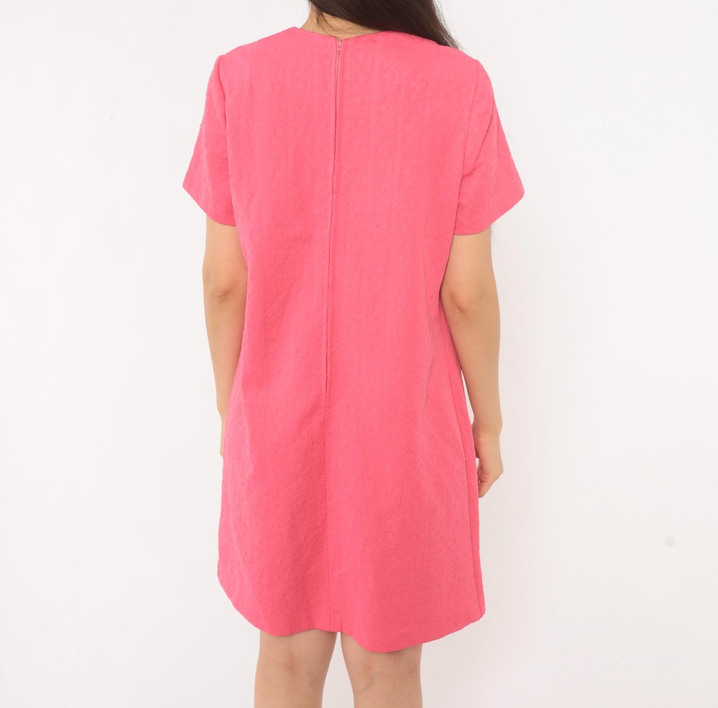 70s Hot Pink Shift Dress Jacquard Crew Neck A-Line Knee Length Medium M