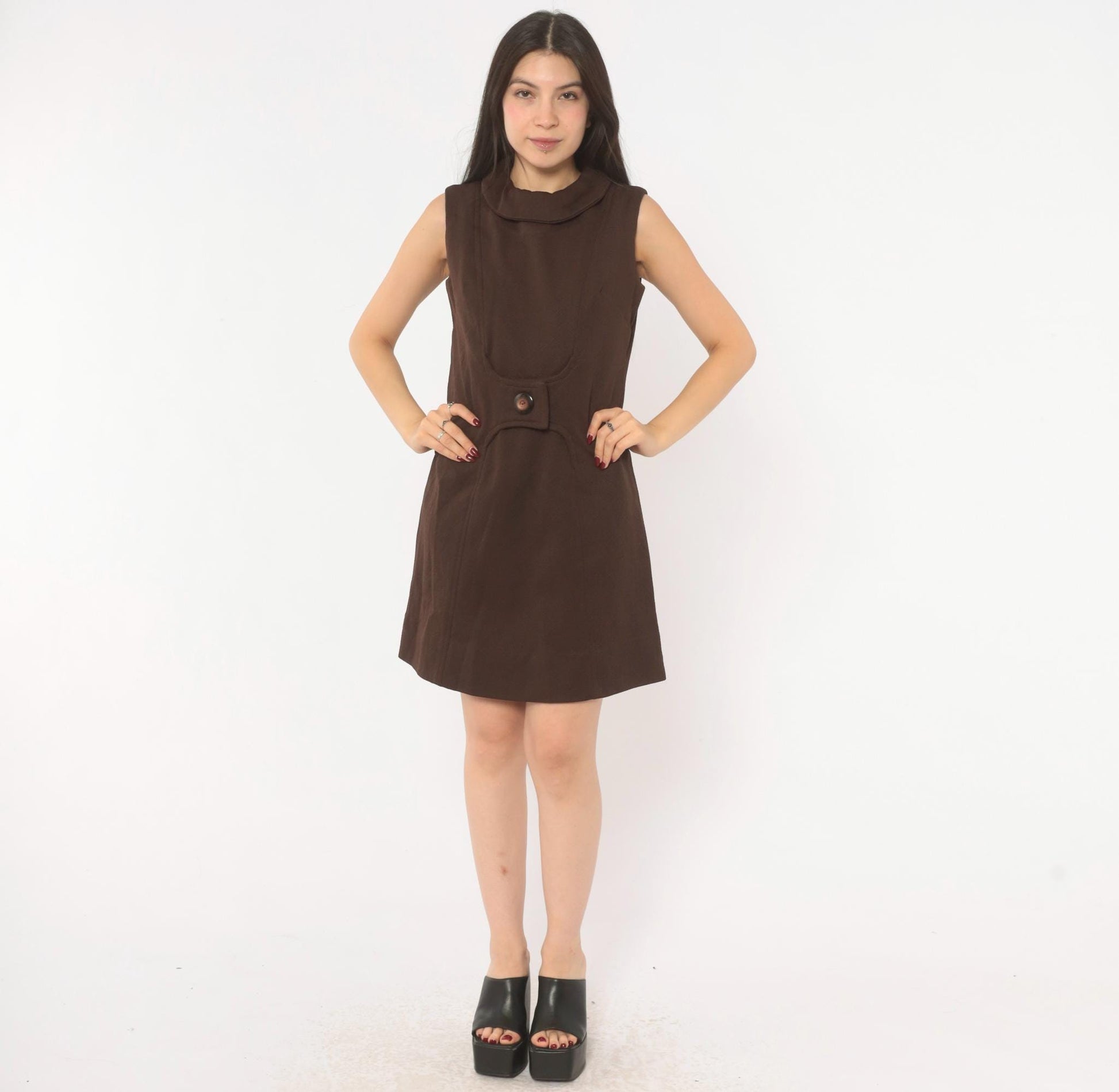 60s Mod Shift Dress Chocolate Brown Sleeveless A-Line Mini Small
