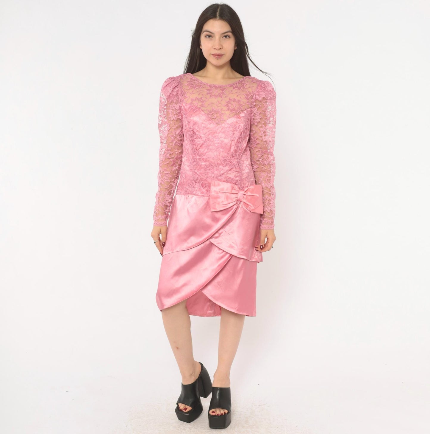 80s Pink Lace Satin Dress Puff Sleeve Bow Tiered Tulip Skirt Large L
