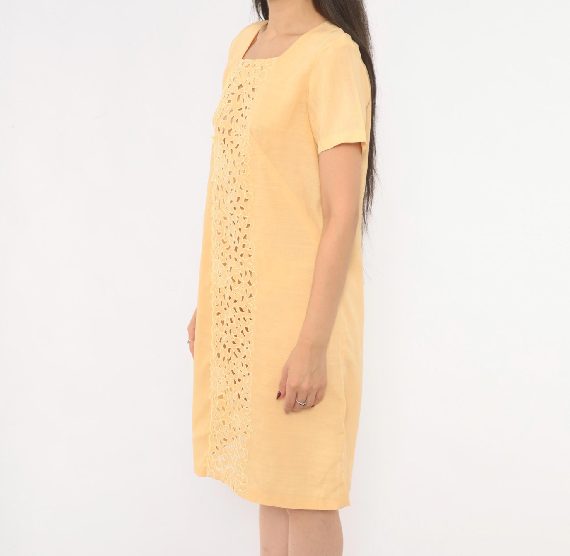 80s Peach Cutwork Lace Shift Dress Cotton Square Neck Floral Embroidered Small
