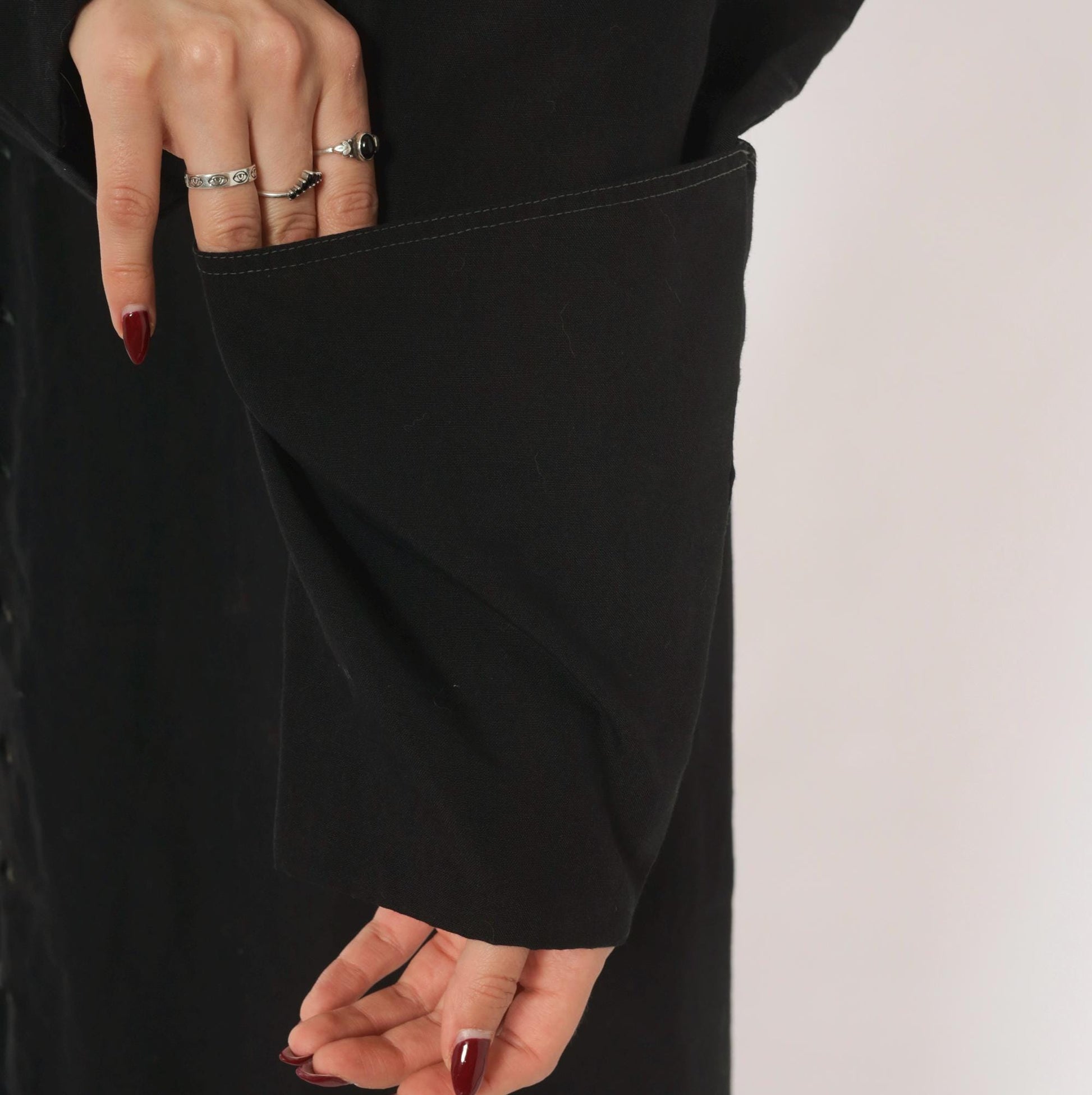 90s Black Maxi Dress Mandarin Collar Button Front Long Sleeve Medium