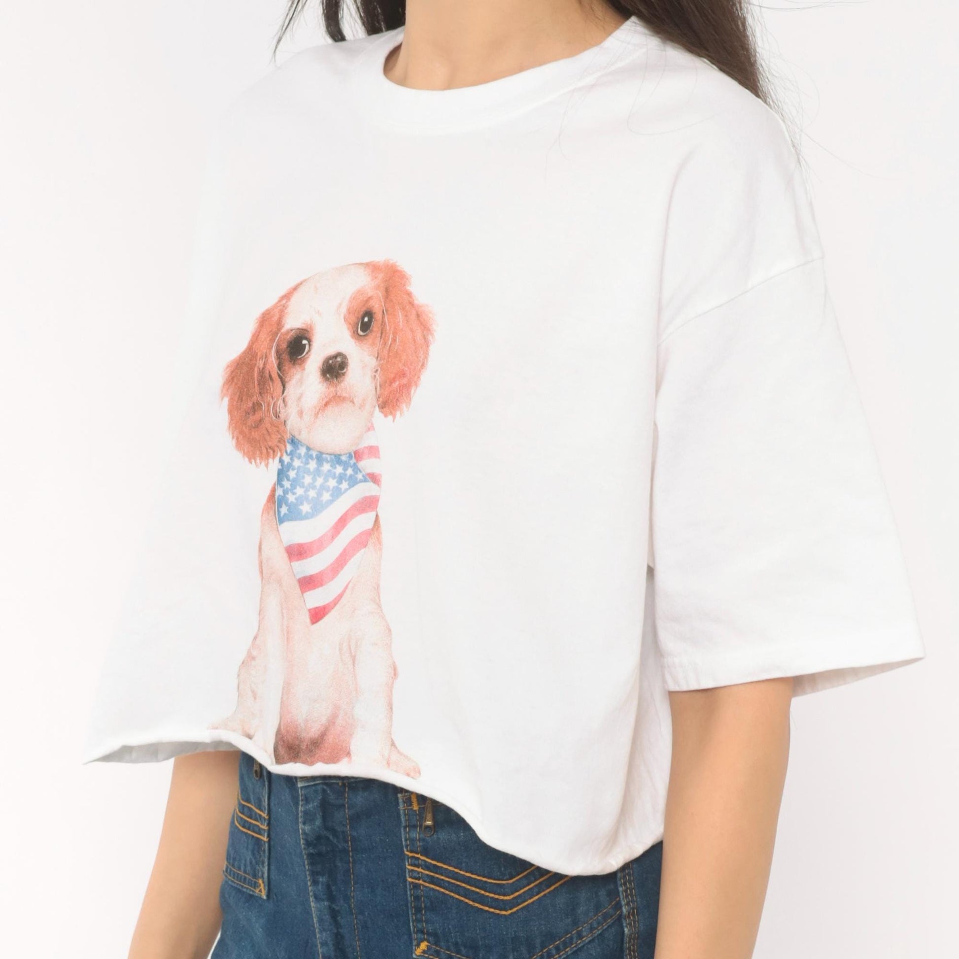 90s Yazbek Puppy Dog American Flag Bandana Graphic Crop Tee White Cotton Medium