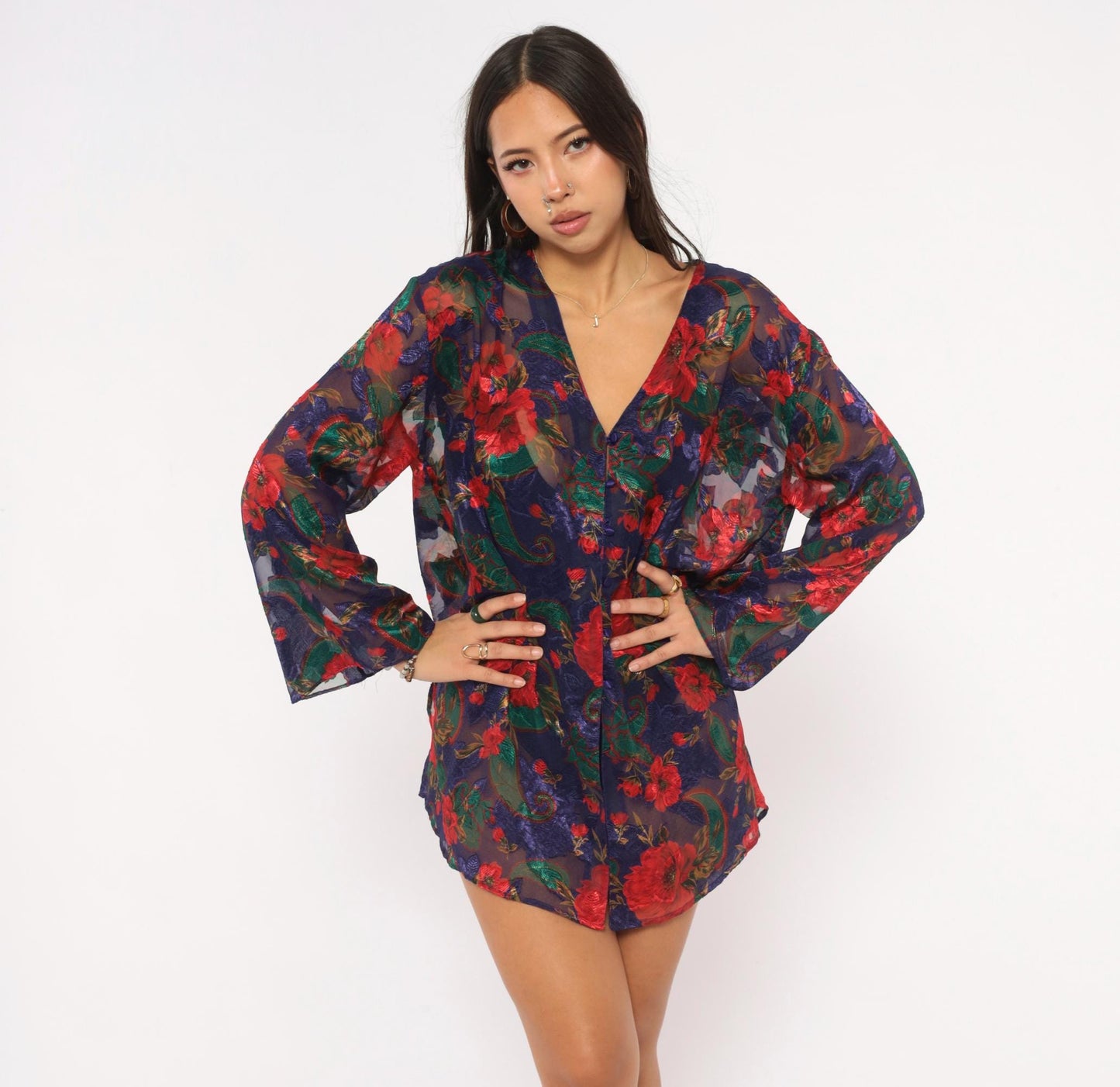 90s Victoria's Secret Sheer Robe Navy Red Floral Bell Sleeve Button Front Medium