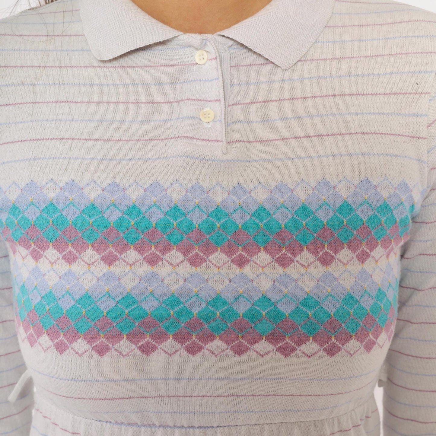 80s Health-Tex Argyle Polo Dress Grey Teal Lavender Mini Cotton XS