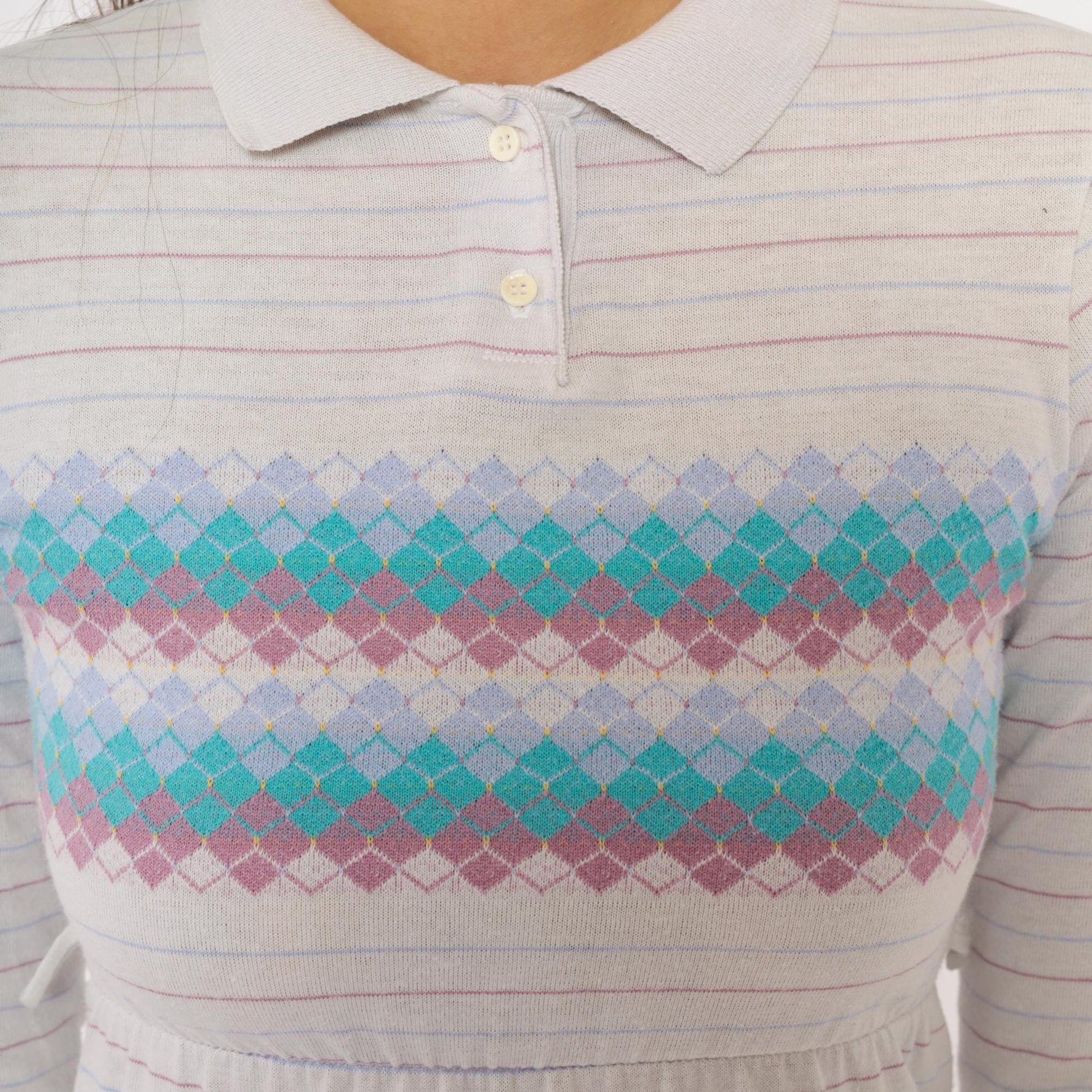 80s Health-Tex Argyle Polo Dress Grey Teal Lavender Mini Cotton XS
