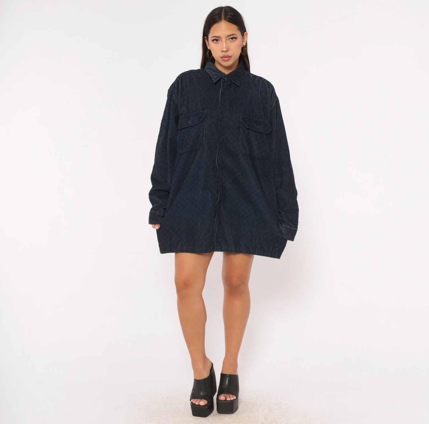 90s World Island Navy Corduroy Button-Up Shirt Cotton Large L