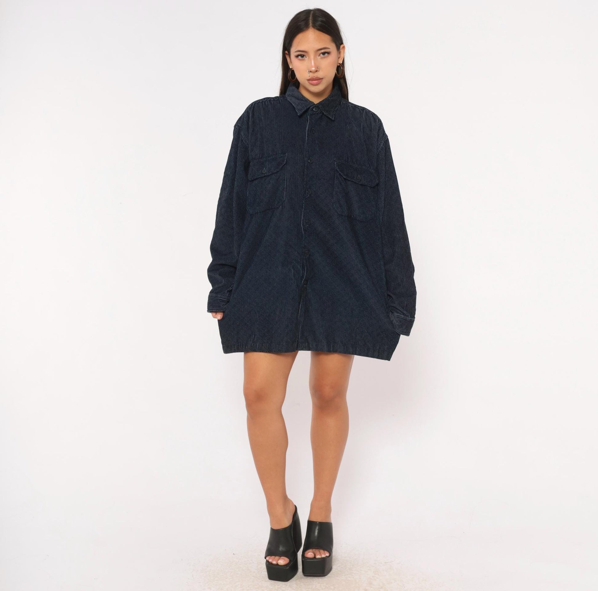 90s World Island Navy Corduroy Button-Up Shirt Cotton Large L