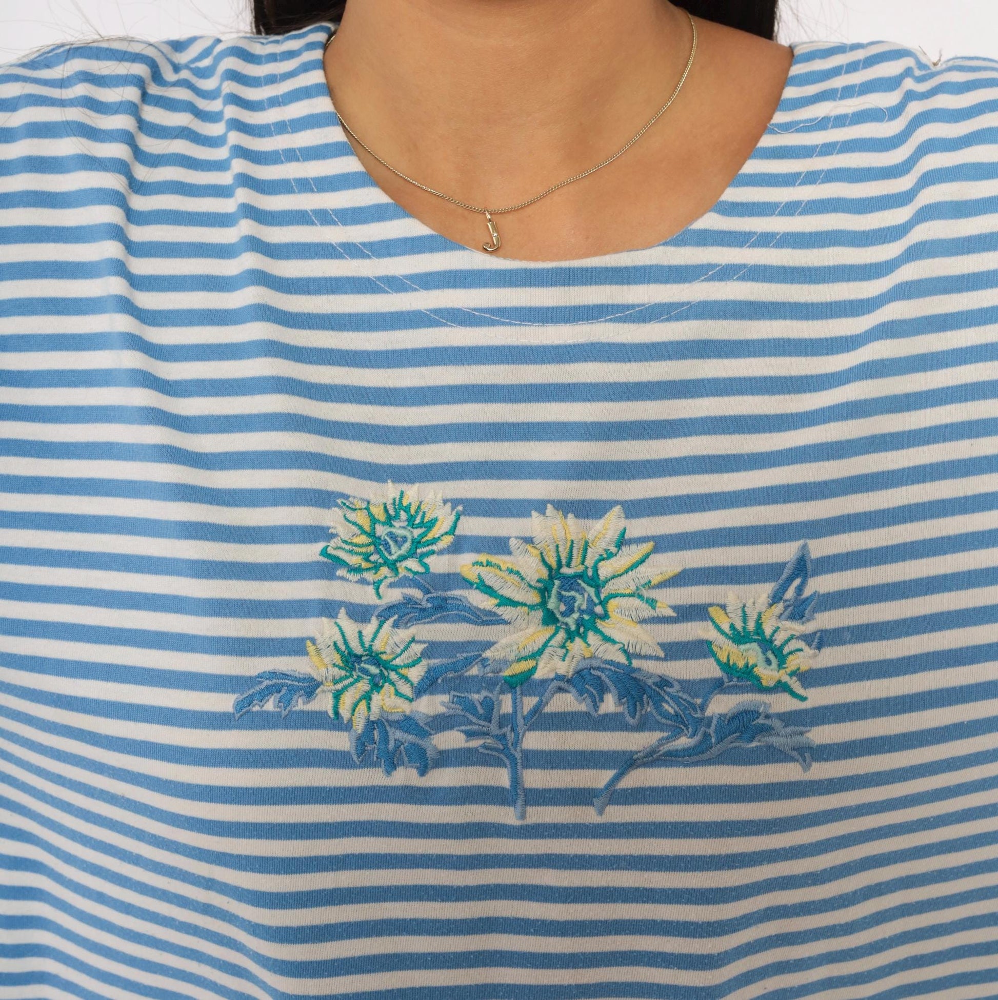 90s Shenanigans Blue White Striped Floral Embroidered Tee Large