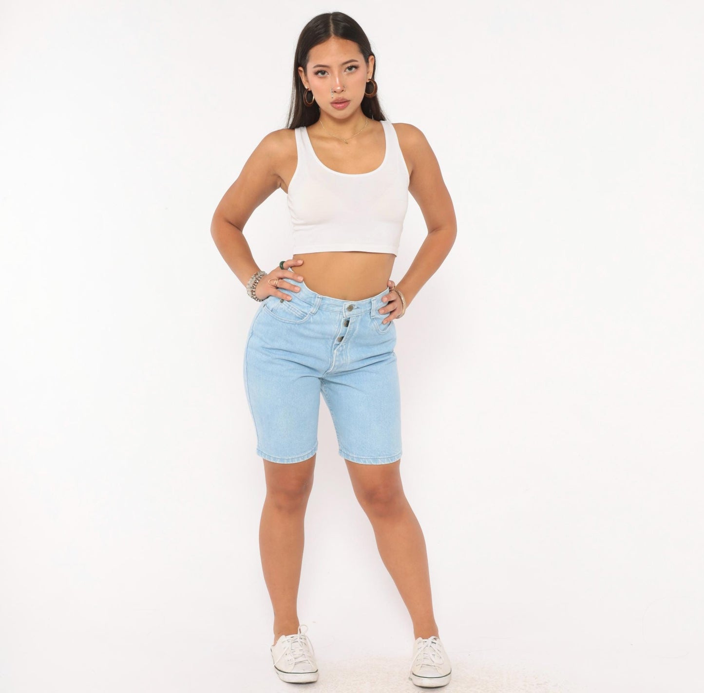 90s Bonjour Light Wash Denim Bermuda Shorts High Rise Button Fly Women's 26