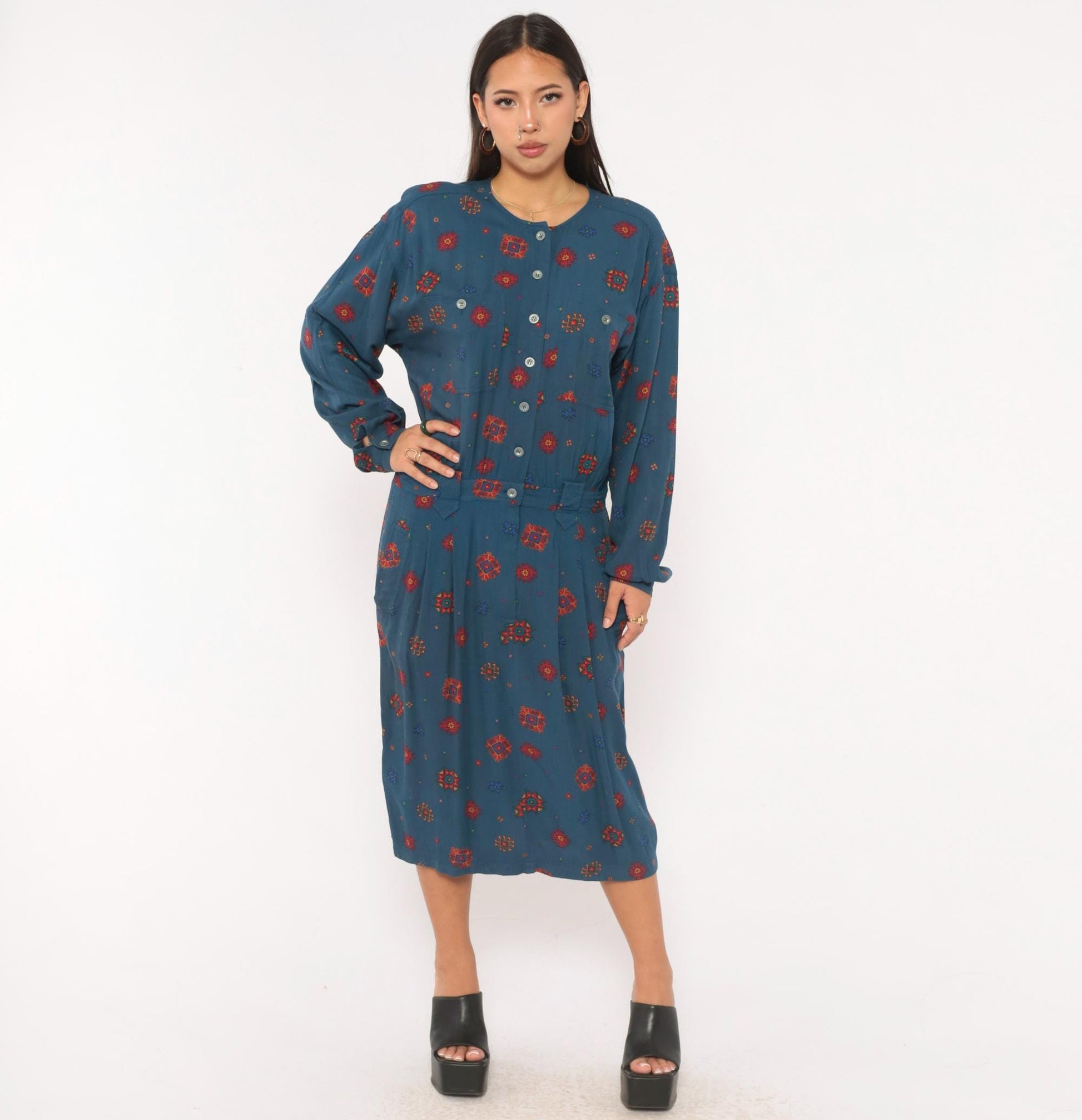 90s Liz Claiborne Geometric Folk Midi Dress Navy Button Front Extra Large XL