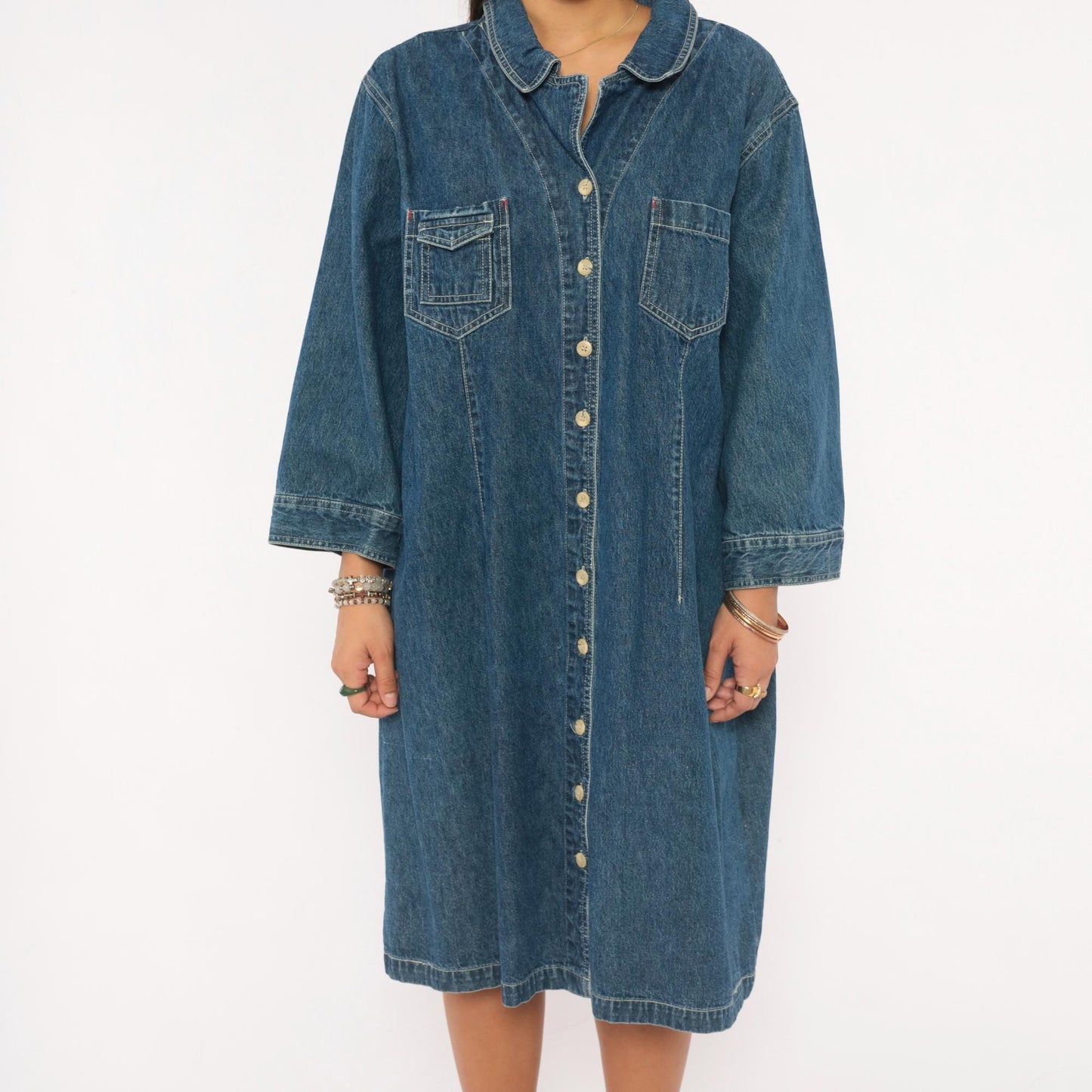 90s Carolina Blues Denim Shirt Dress Navy Button Front Cotton Plus Size XXL