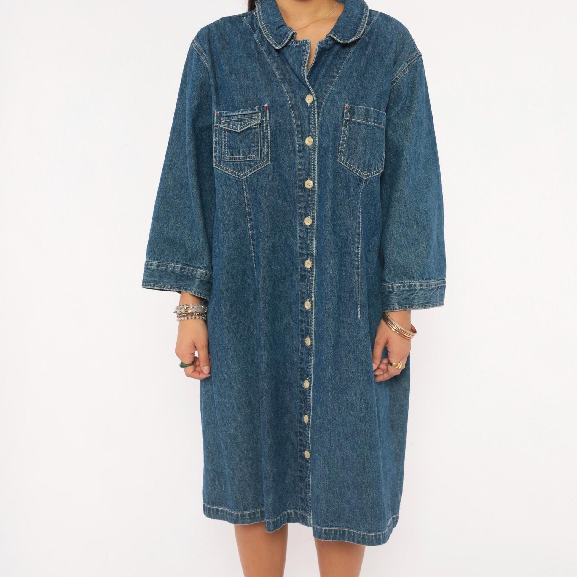 90s Carolina Blues Denim Shirt Dress Navy Button Front Cotton Plus Size XXL