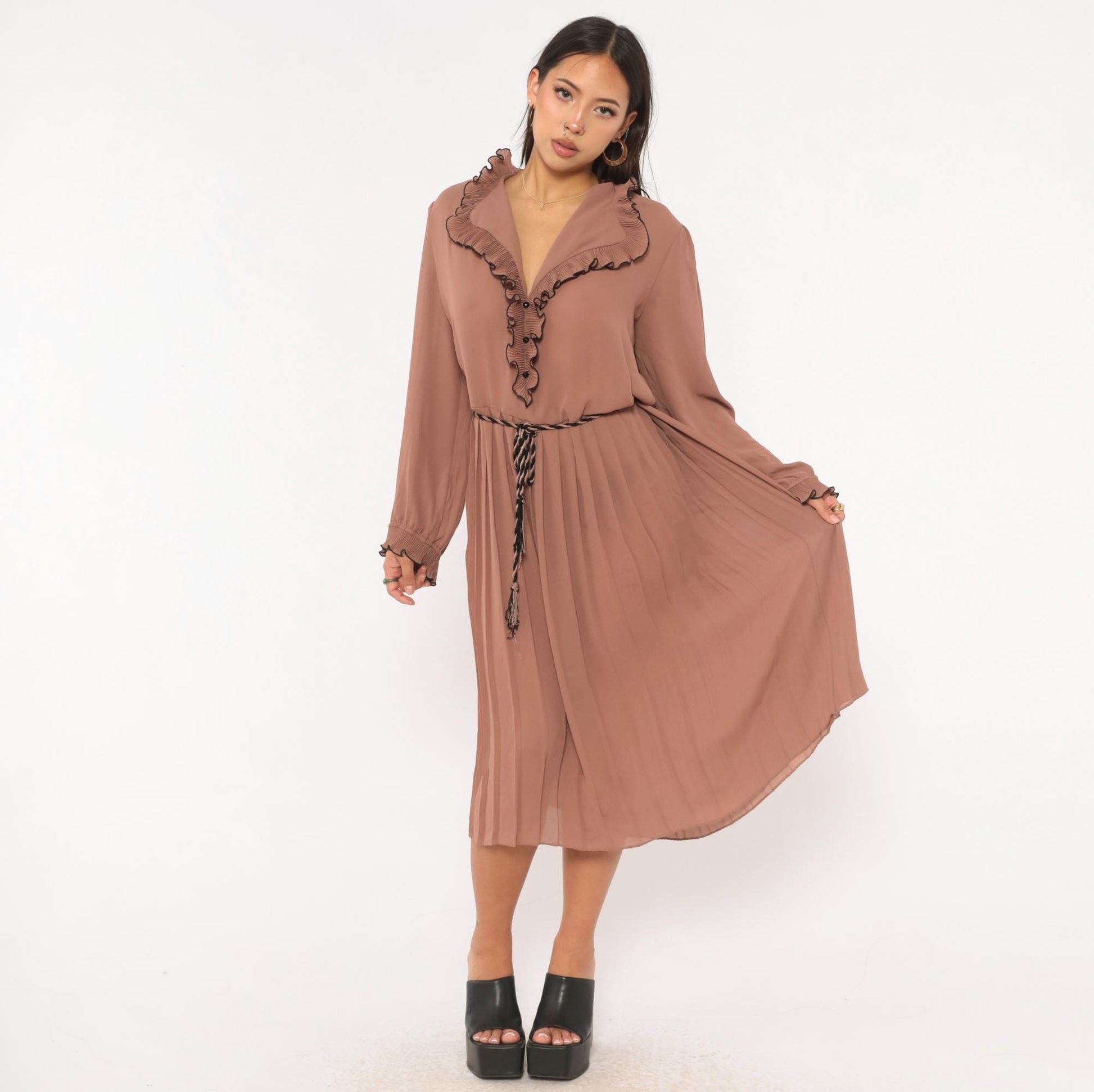 80s Cobina Mauve Pleated Dress Ruffled Collar V-Neck Blouson Sleeve Extra Large XL