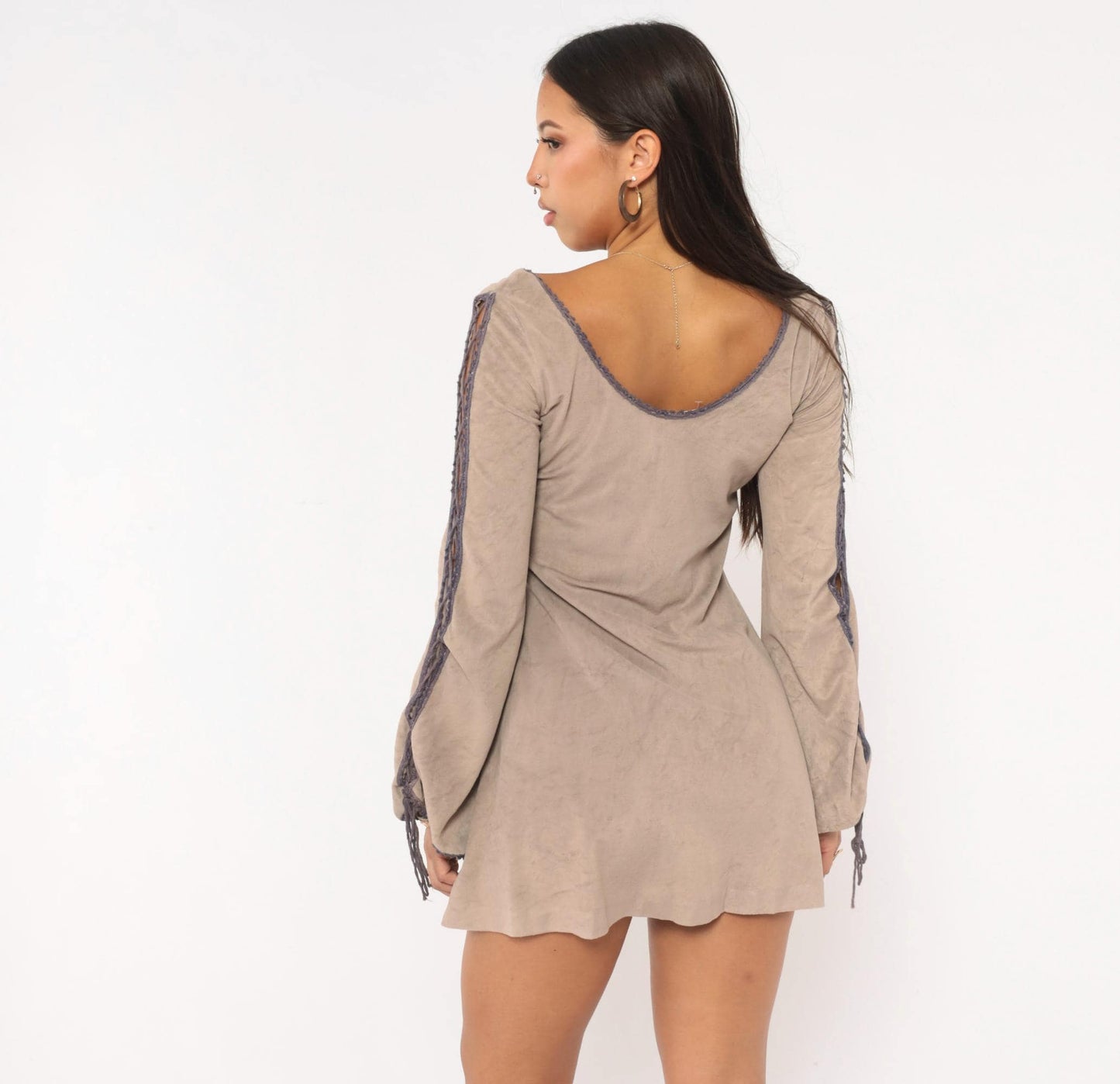70s Grey Velour Mini Dress Purple Lace Cutout Bell Sleeve Extra Small XS