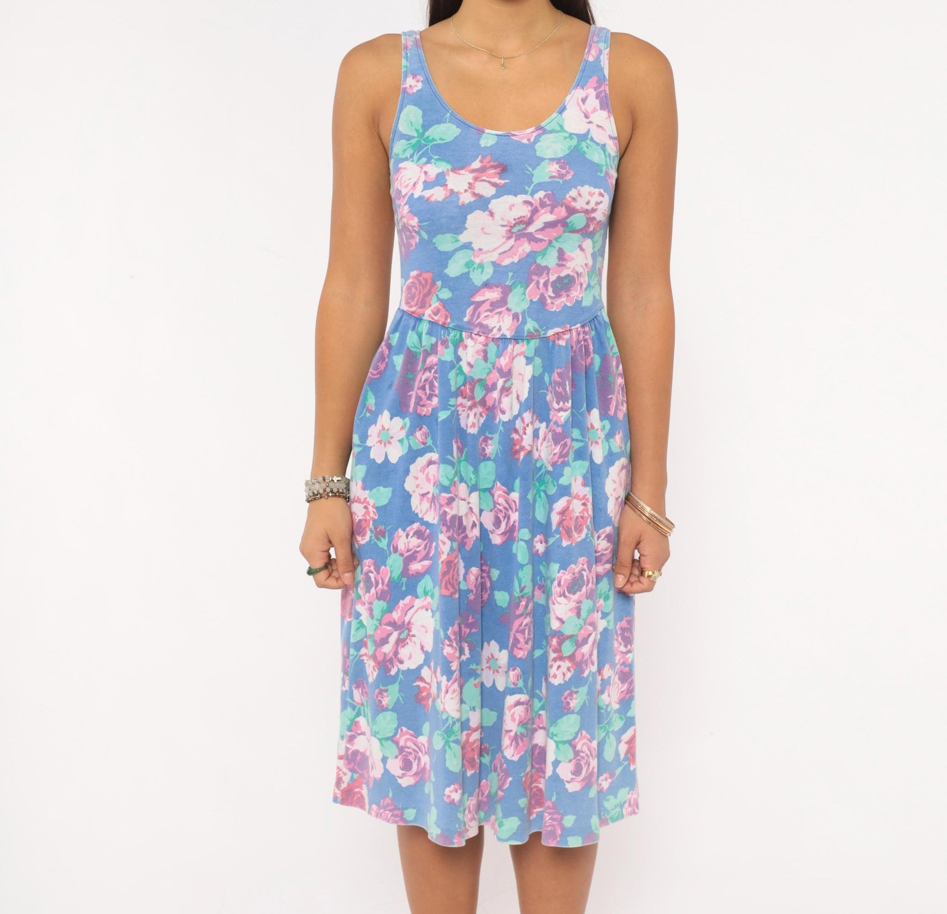 80s Periwinkle Floral Sundress Rose Print Gathered Skirt Knee Length XS