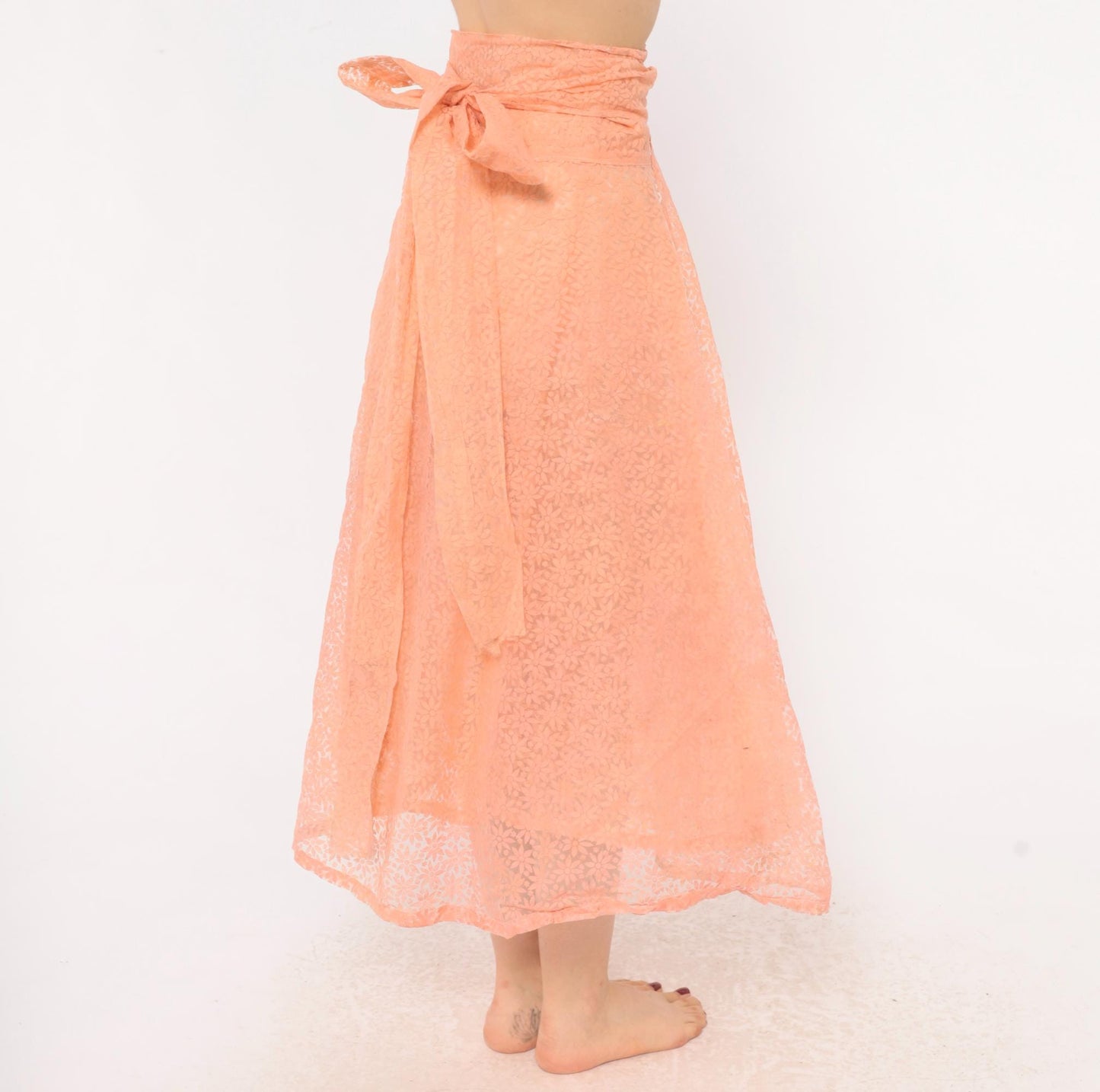 90s Peach Floral Lace Wrap Midi Skirt A-Line Daisy Sheer Medium to Extra Large