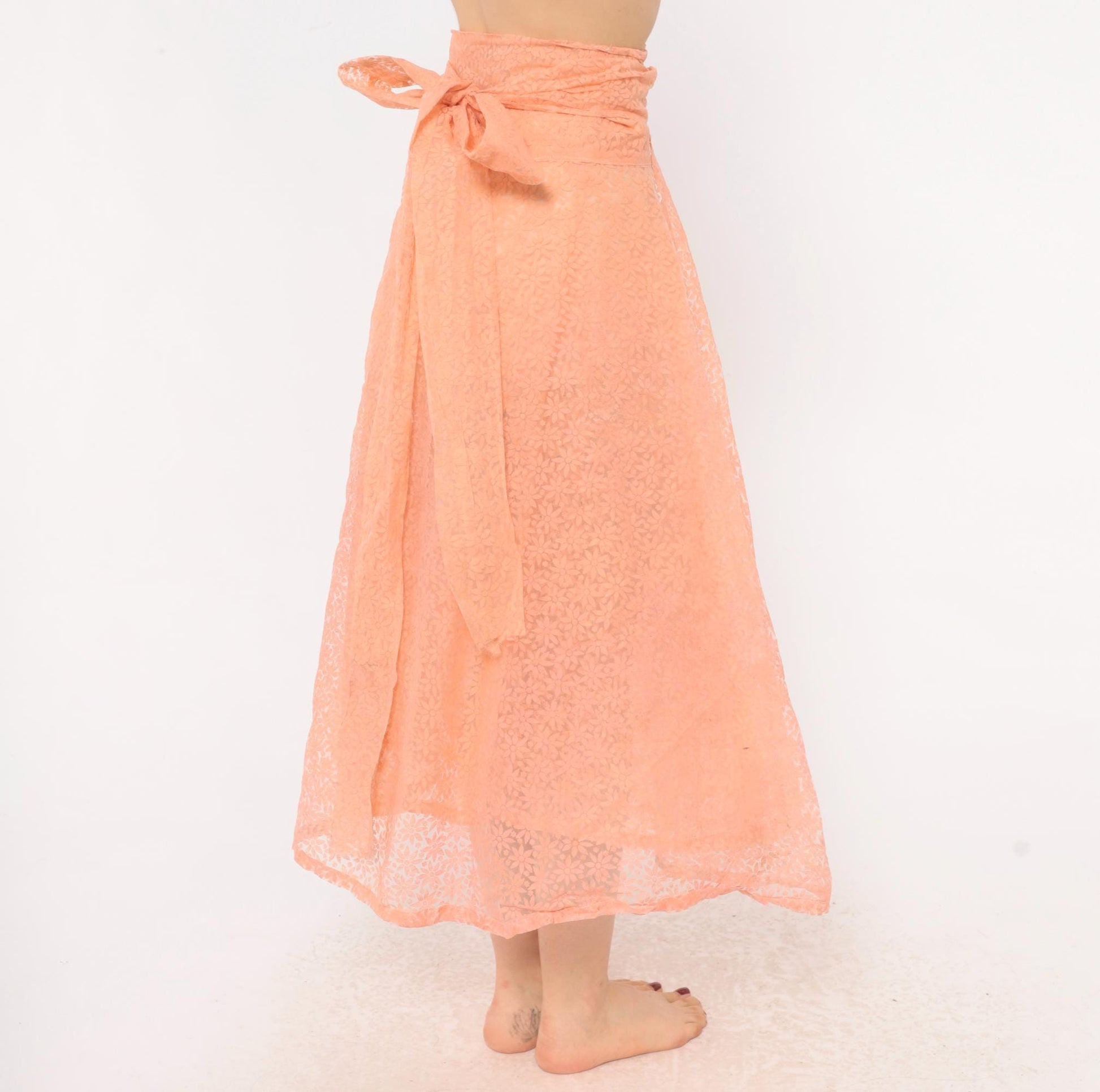 90s Peach Floral Lace Wrap Midi Skirt A-Line Daisy Sheer Medium to Extra Large
