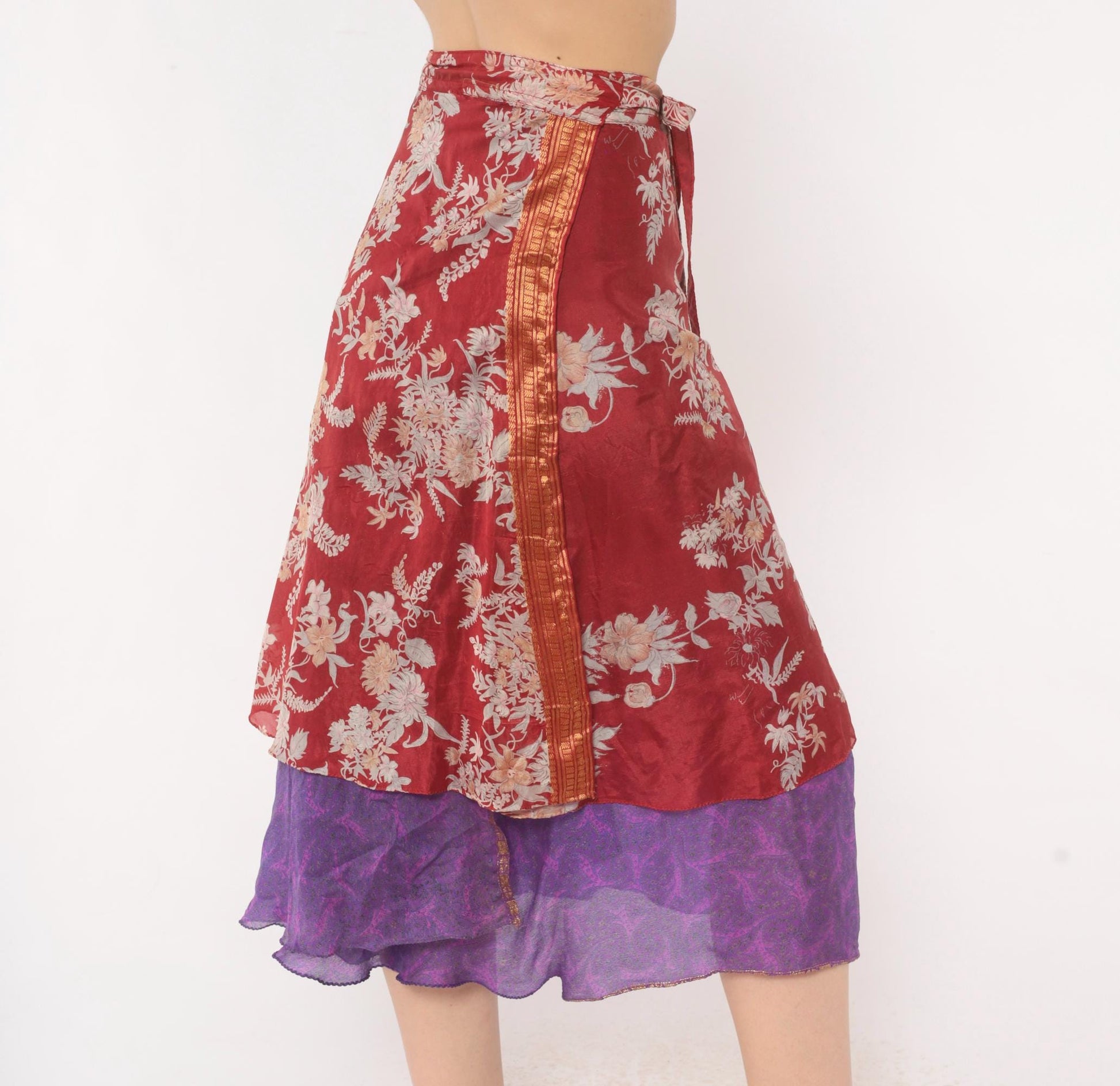 Y2K Kariza Silk Wrap Skirt Burgundy Floral Purple Double Layer Small Medium
