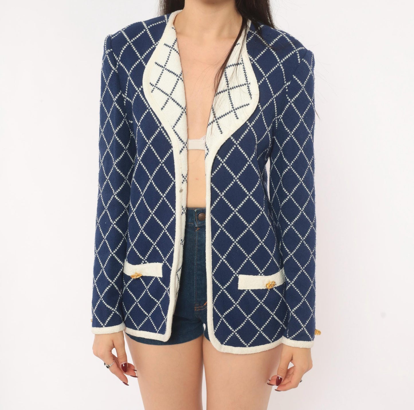 80s Castleberry Navy Diamond Knit Blazer White Trim Collarless Small
