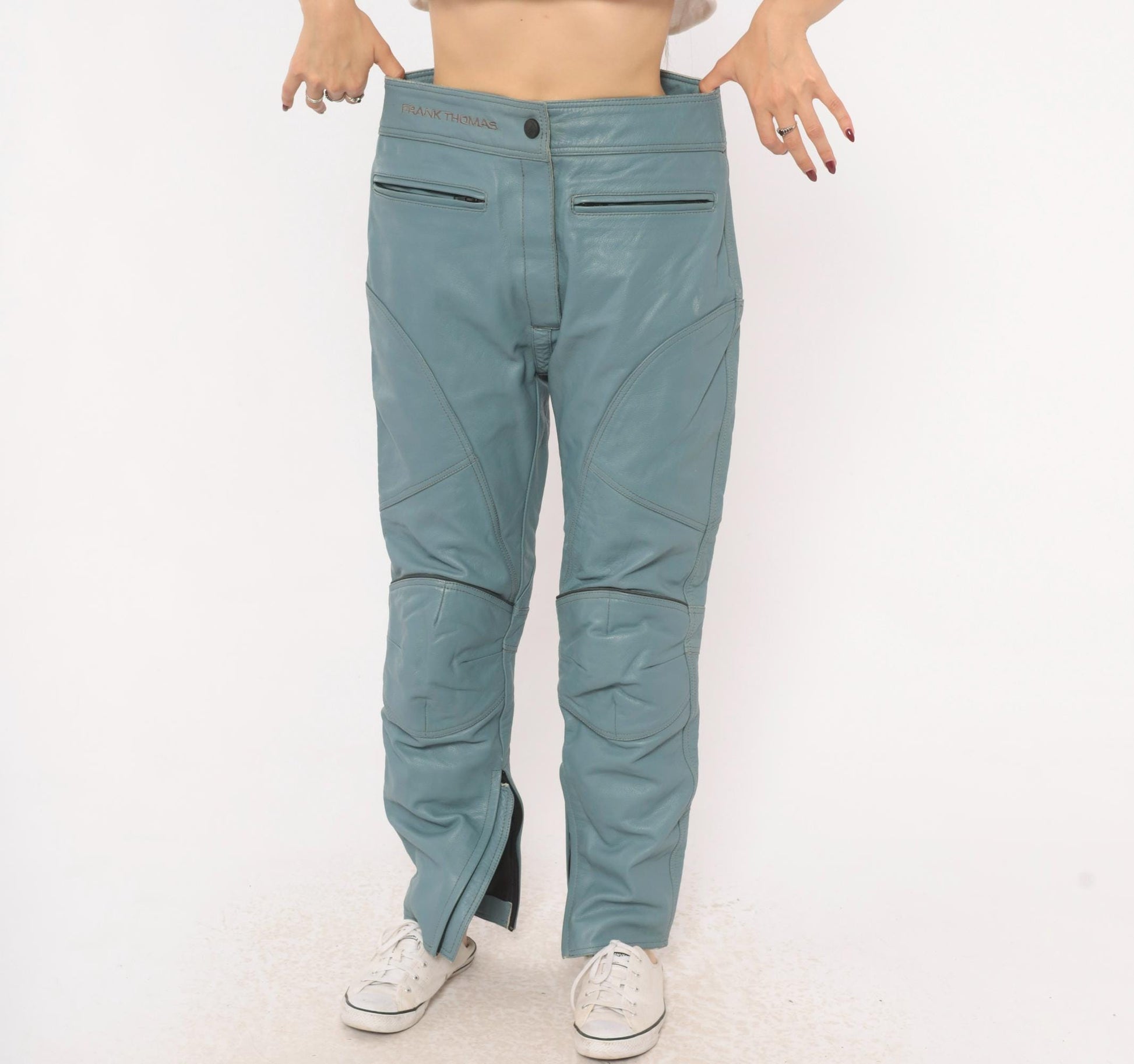 Y2K Frank Thomas Lady Rider Blue Leather Motorcycle Pants Armored Knee Medium M
