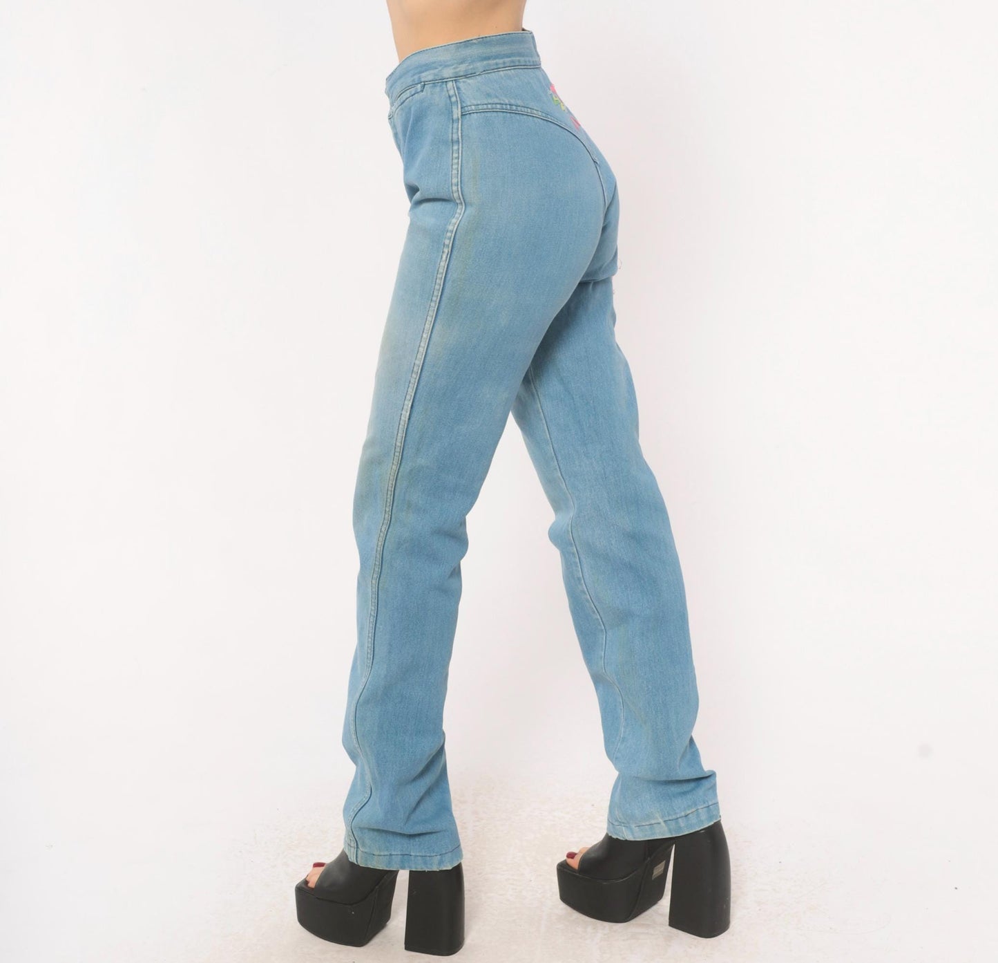 70s Glad Rags High Waist Straight Leg Jeans Light Blue Floral Embroidered Small