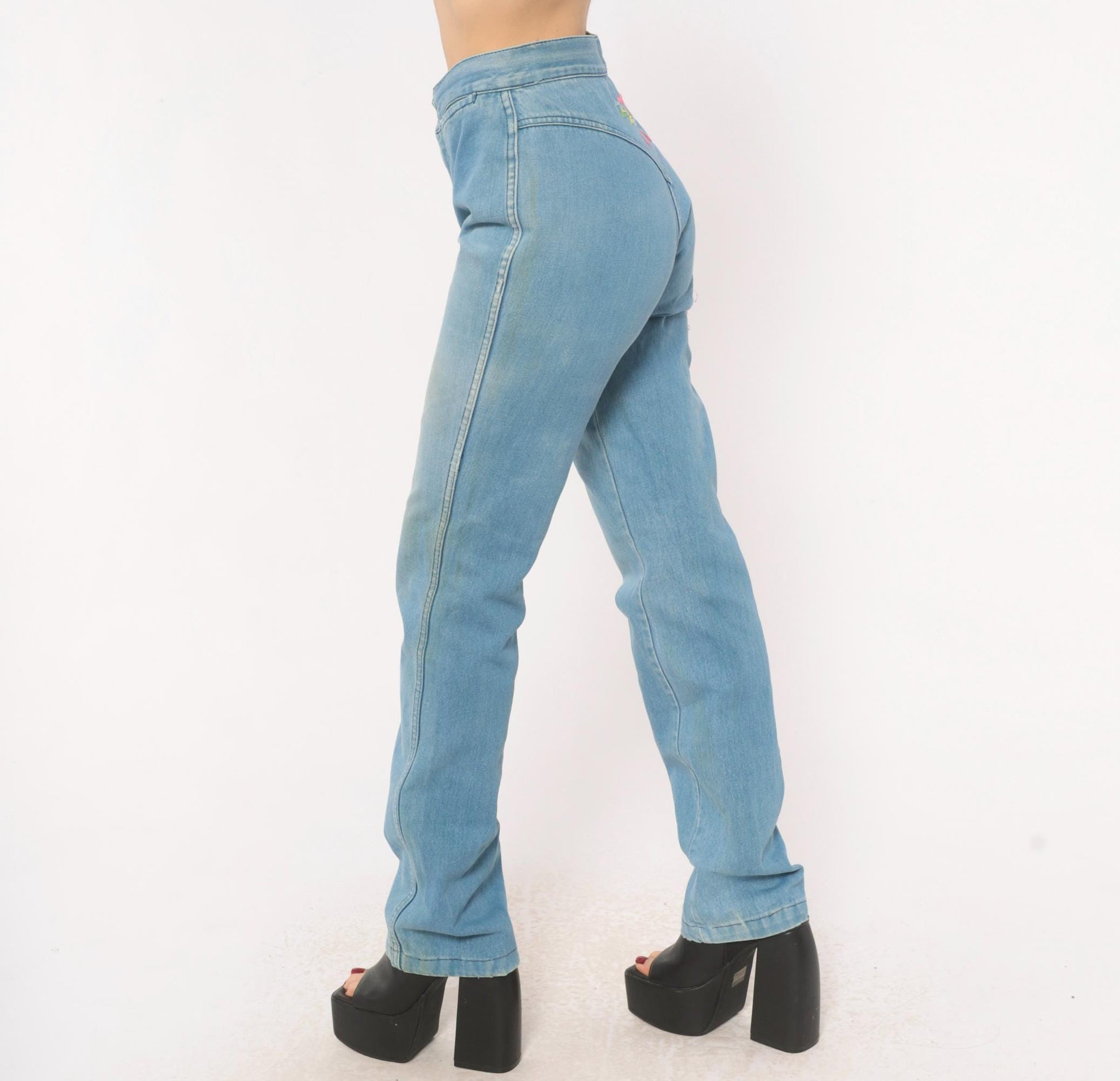70s Glad Rags High Waist Straight Leg Jeans Light Blue Floral Embroidered Small