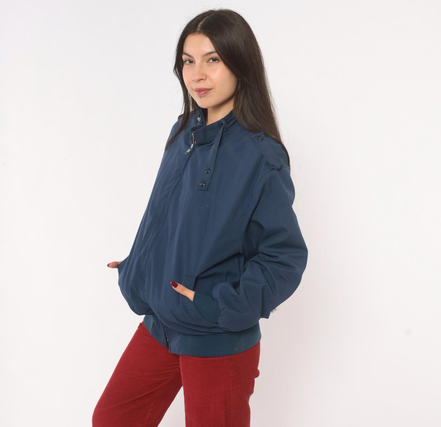 80s King Louie Navy Harrington Bomber Jacket Buffalo Plaid Lined Large L