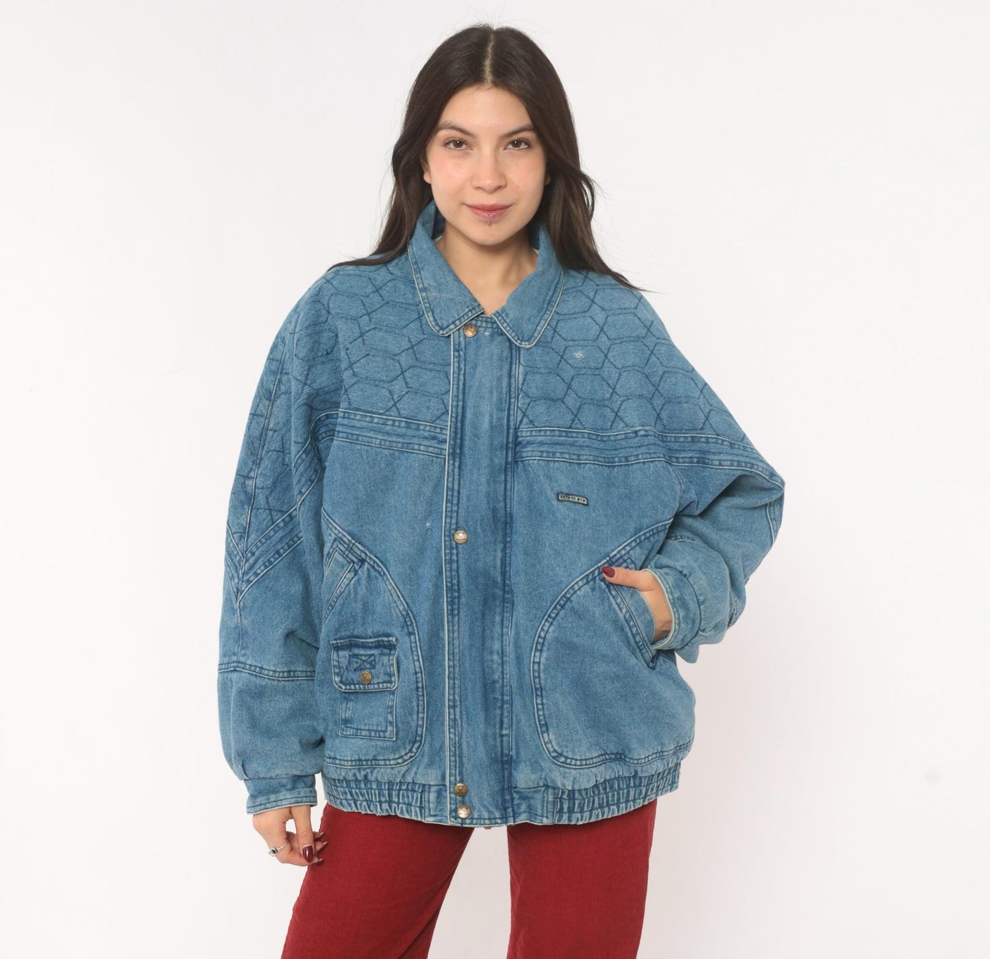 90s Kongloon Quilted Denim Bomber Sherpa Lined Jean Jacket Blue Large