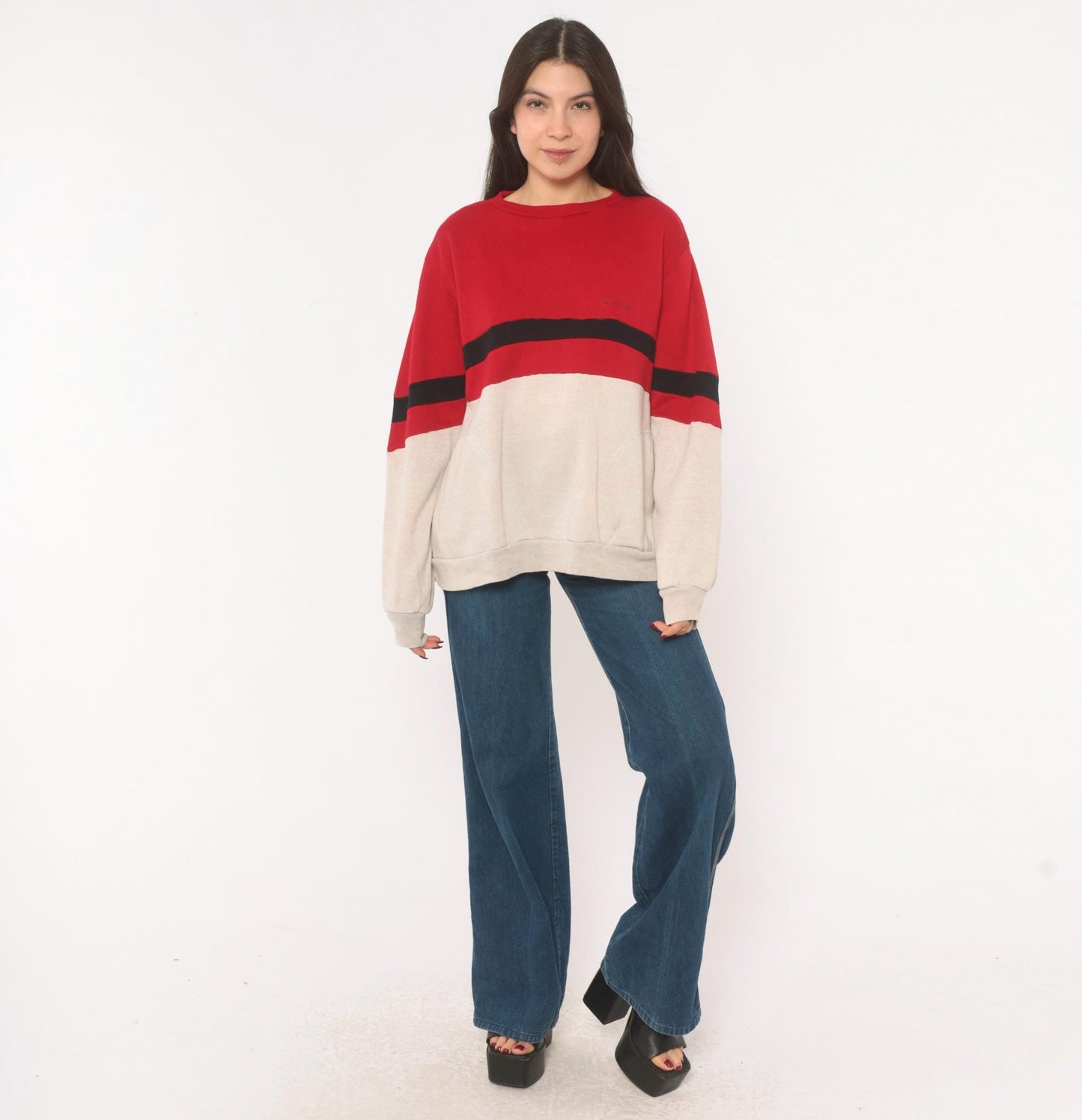 80s Dunlop Color Block Sweatshirt Red Cream Black Stripe Drop Shoulder Large