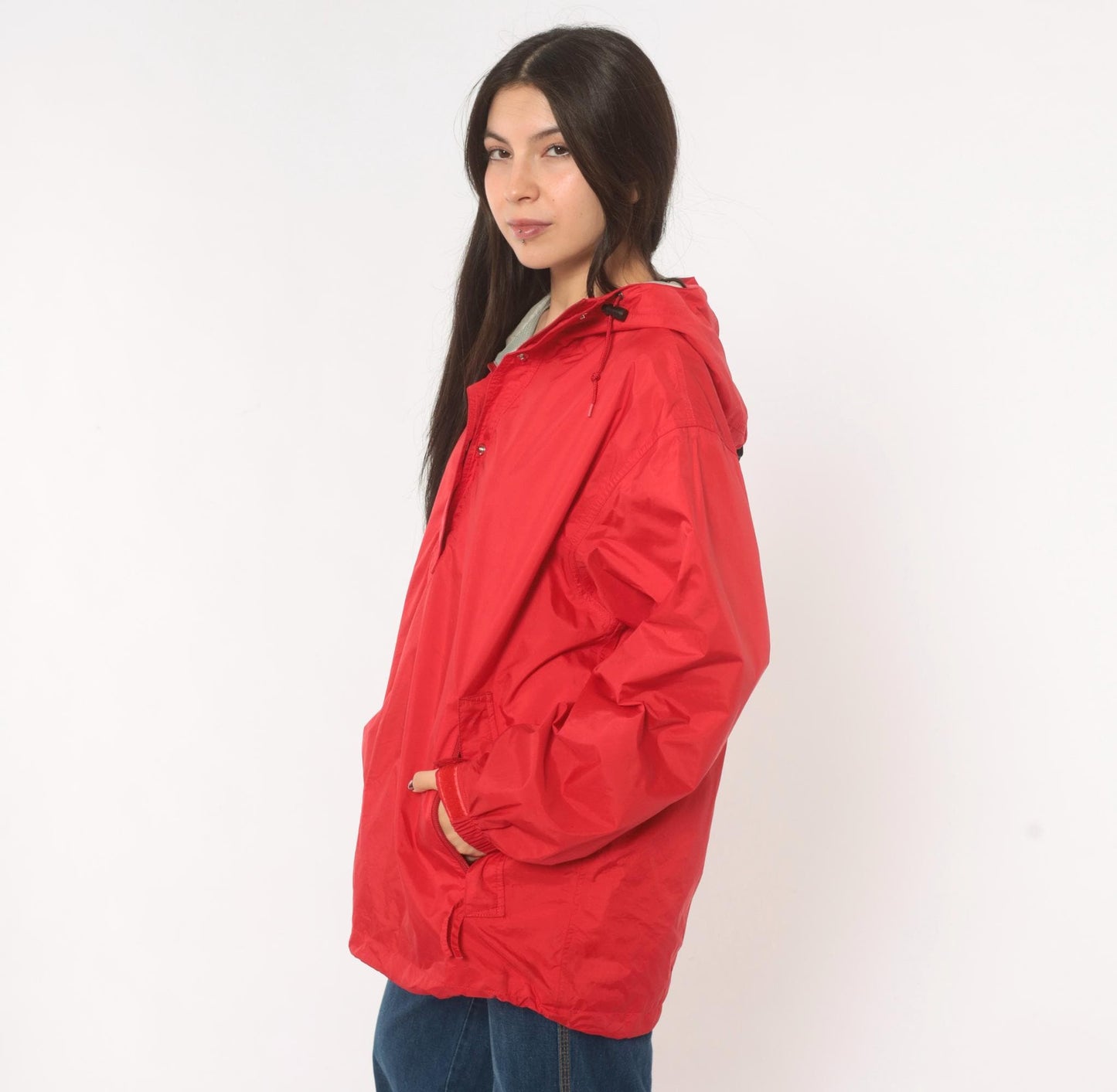 90s L.L.Bean Red Anorak Half-Zip Nylon Windbreaker Jacket Large L