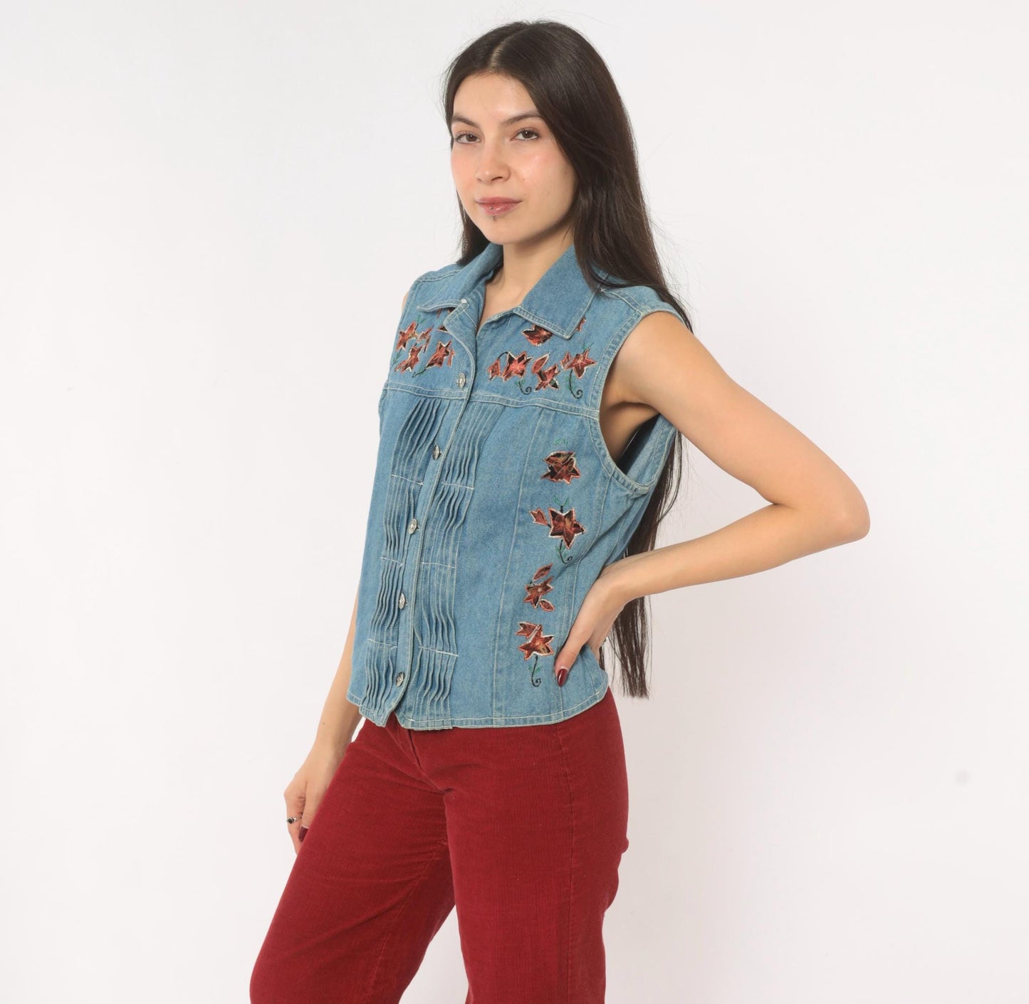 90s Spell Bound Leaf Embroidered Denim Vest Blue Chambray Pintuck Medium M