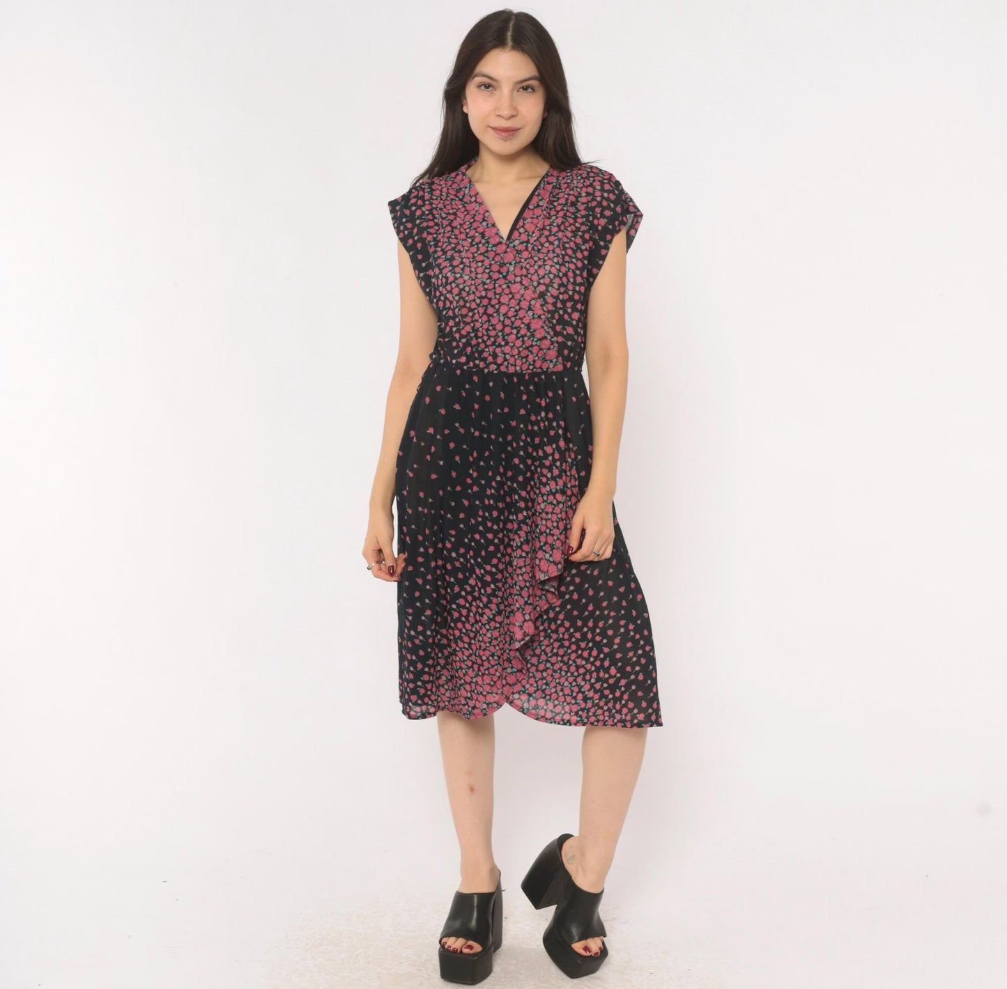 70s JT Jody of California Floral Wrap Dress Black Pink Gradient Knee-Length Medium