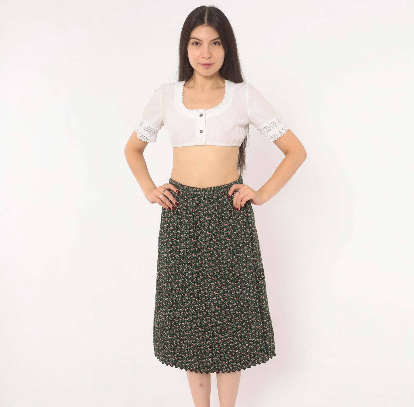 70s Black Floral Midi Skirt Tulip Pocket Patchwork A-Line Small