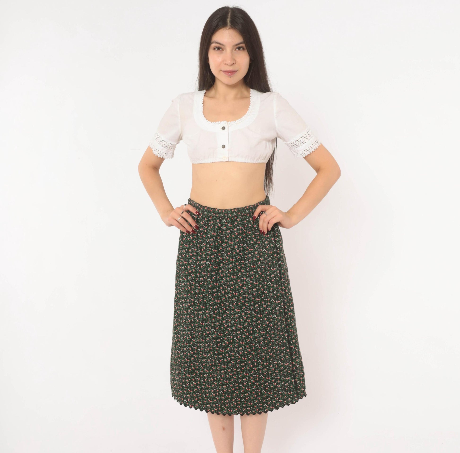 70s Black Floral Midi Skirt Tulip Pocket Patchwork A-Line Small