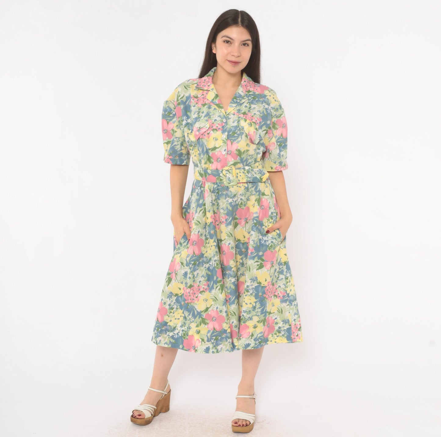 80s Cabrais Floral Midi Shirtdress Puff Sleeve Belted Pink Garden Medium