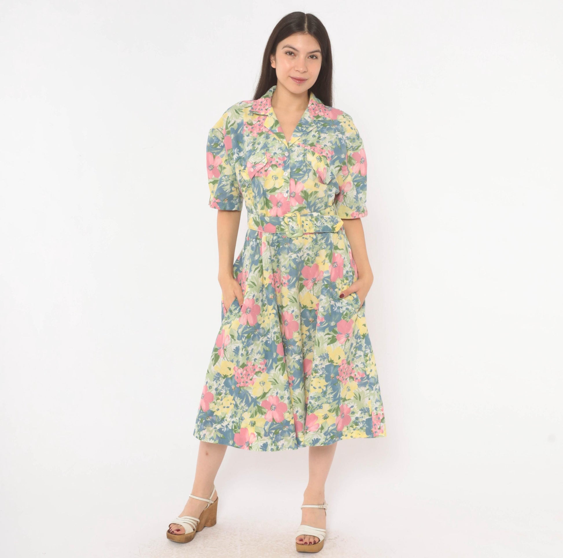 80s Cabrais Floral Midi Shirtdress Puff Sleeve Belted Pink Garden Medium