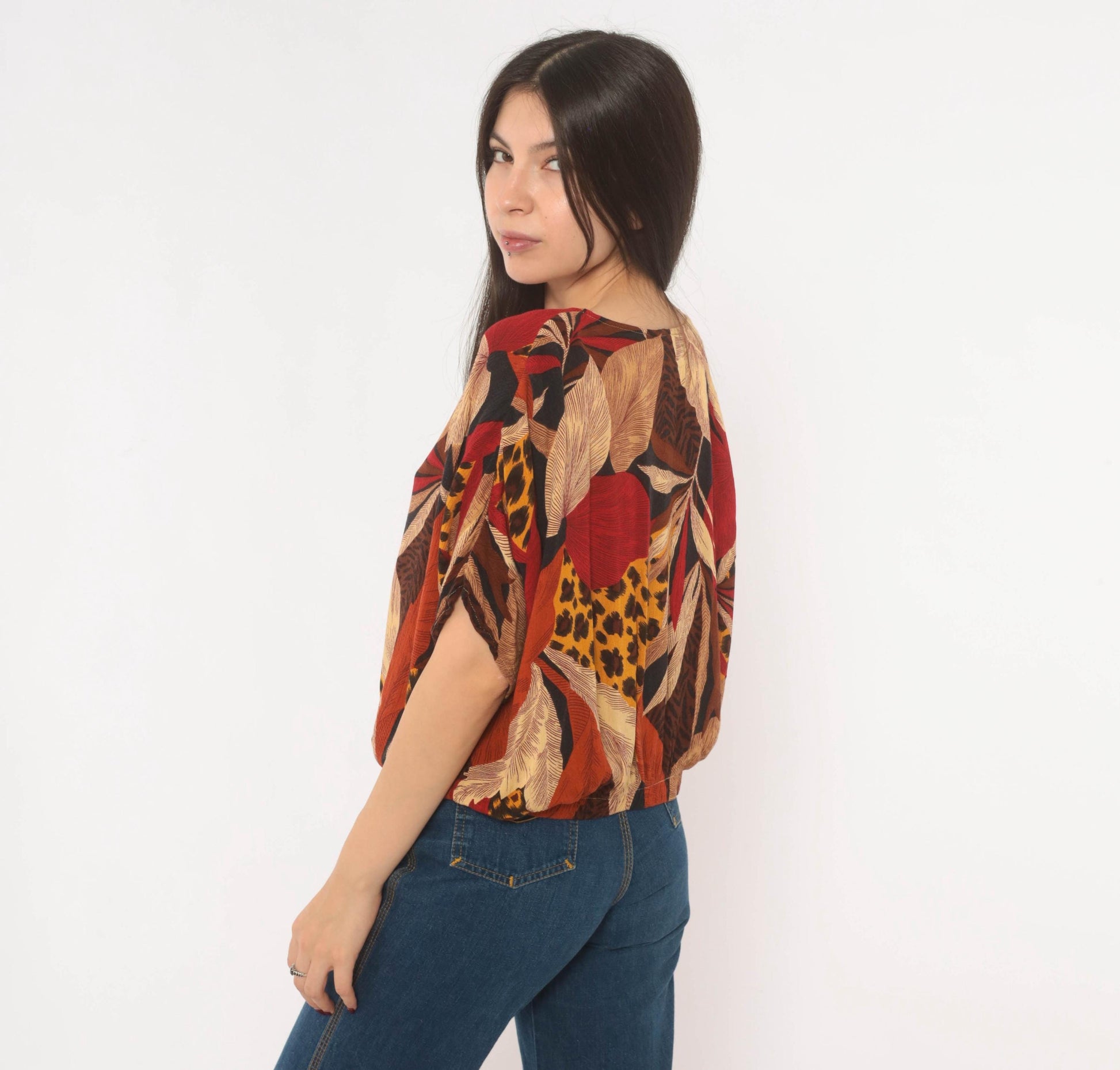 90s Options Melrose Tropical Leopard Button Blouse Tie Front Large L