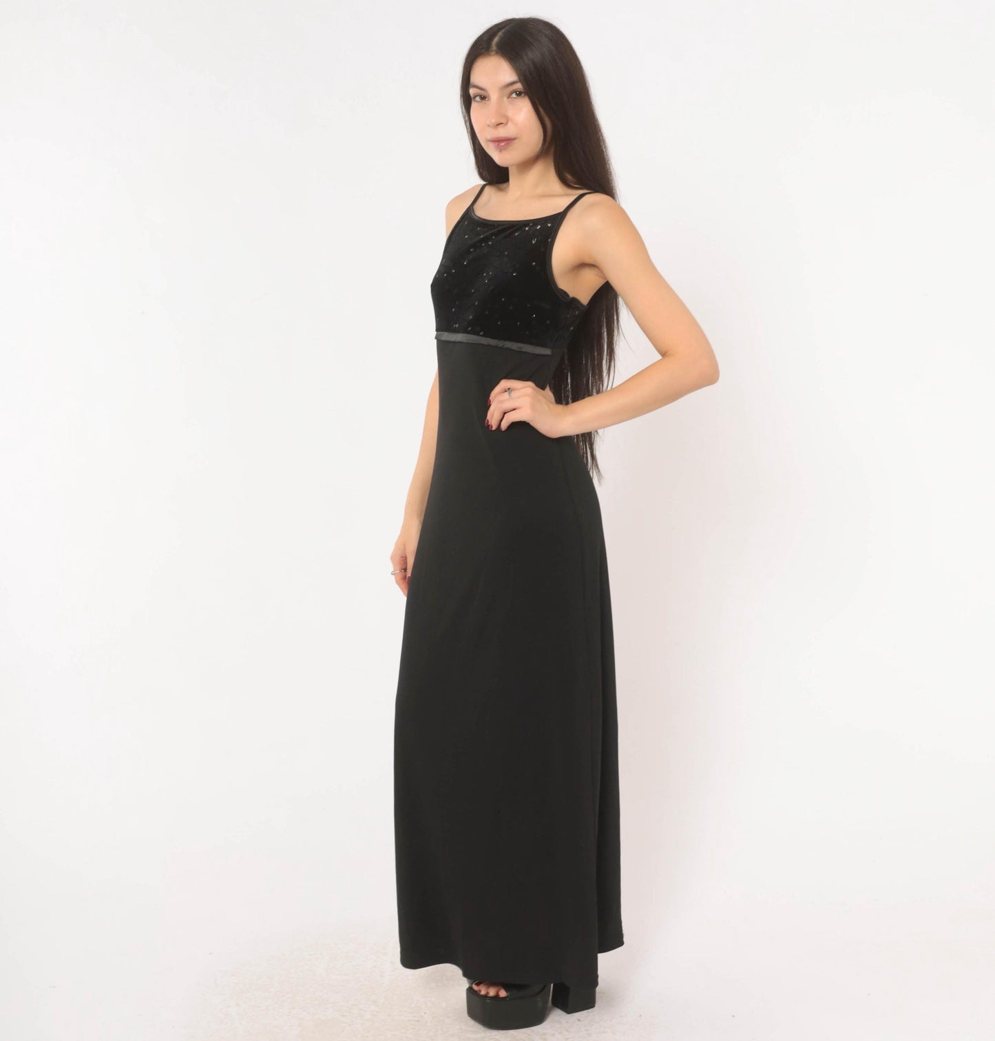 2000s I.N. San Francisco Black Velvet Maxi Dress Empire Waist Spaghetti Strap Small