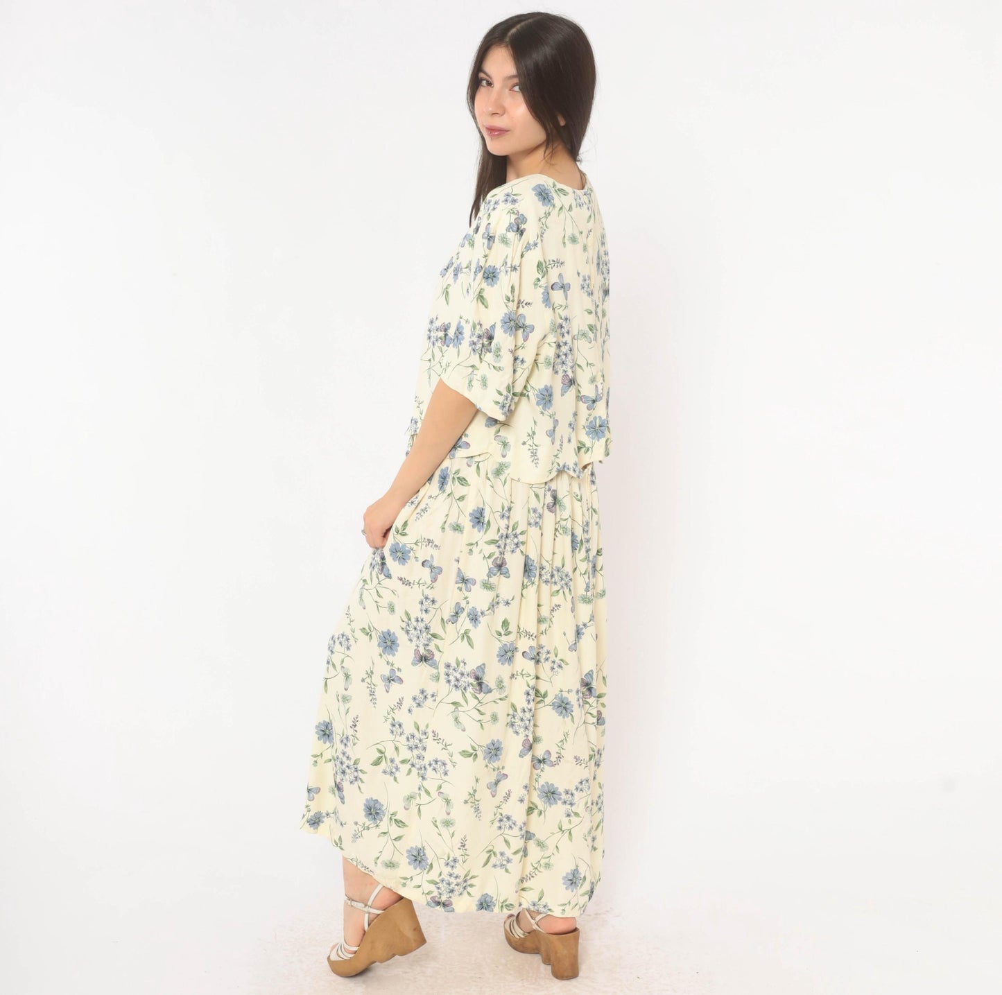 90s SL Fashions Floral Maxi Dress Cream Blue Lavender Peplum Short Sleeve Extra Large XXL