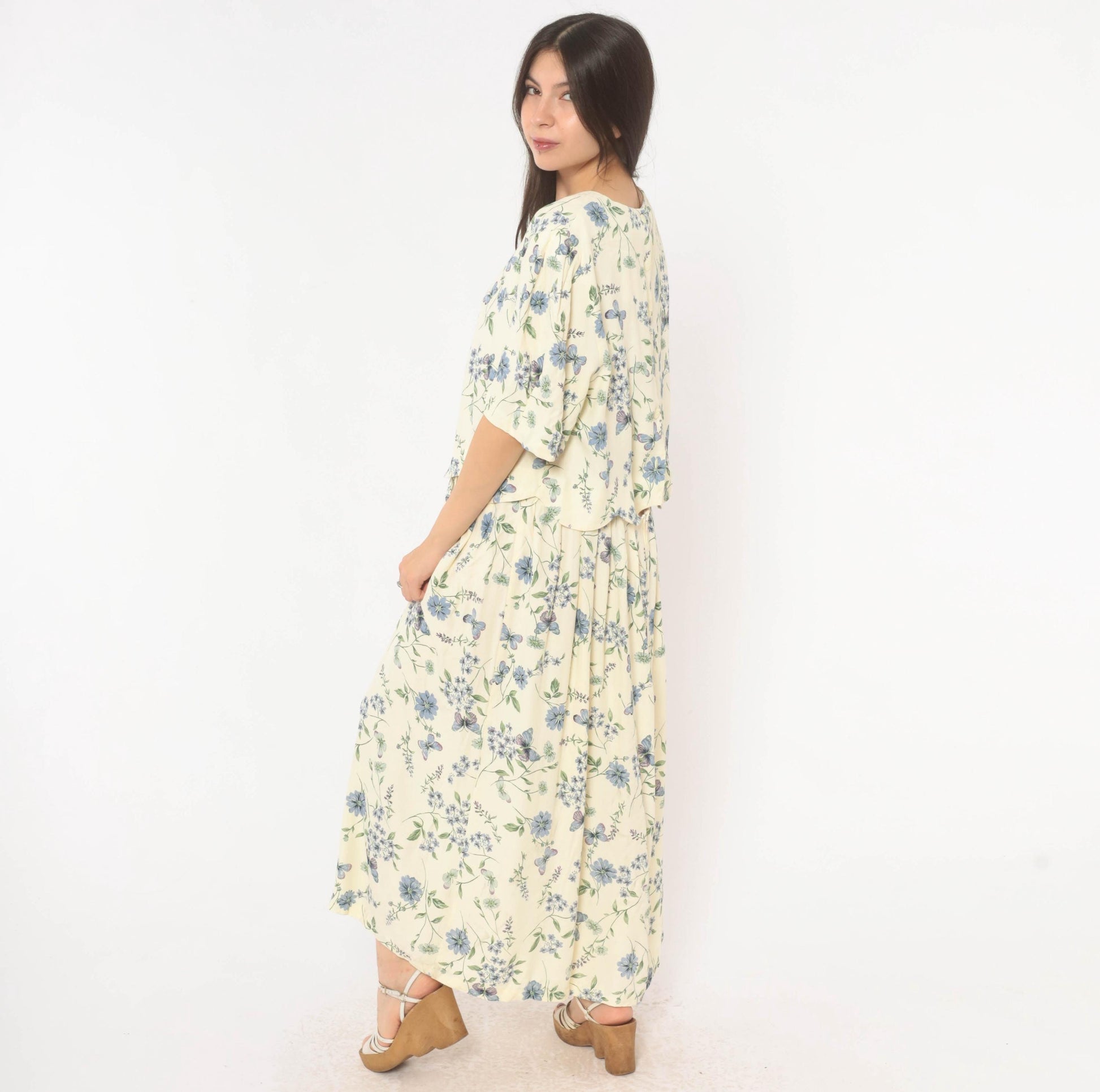 90s SL Fashions Floral Maxi Dress Cream Blue Lavender Peplum Short Sleeve Extra Large XXL