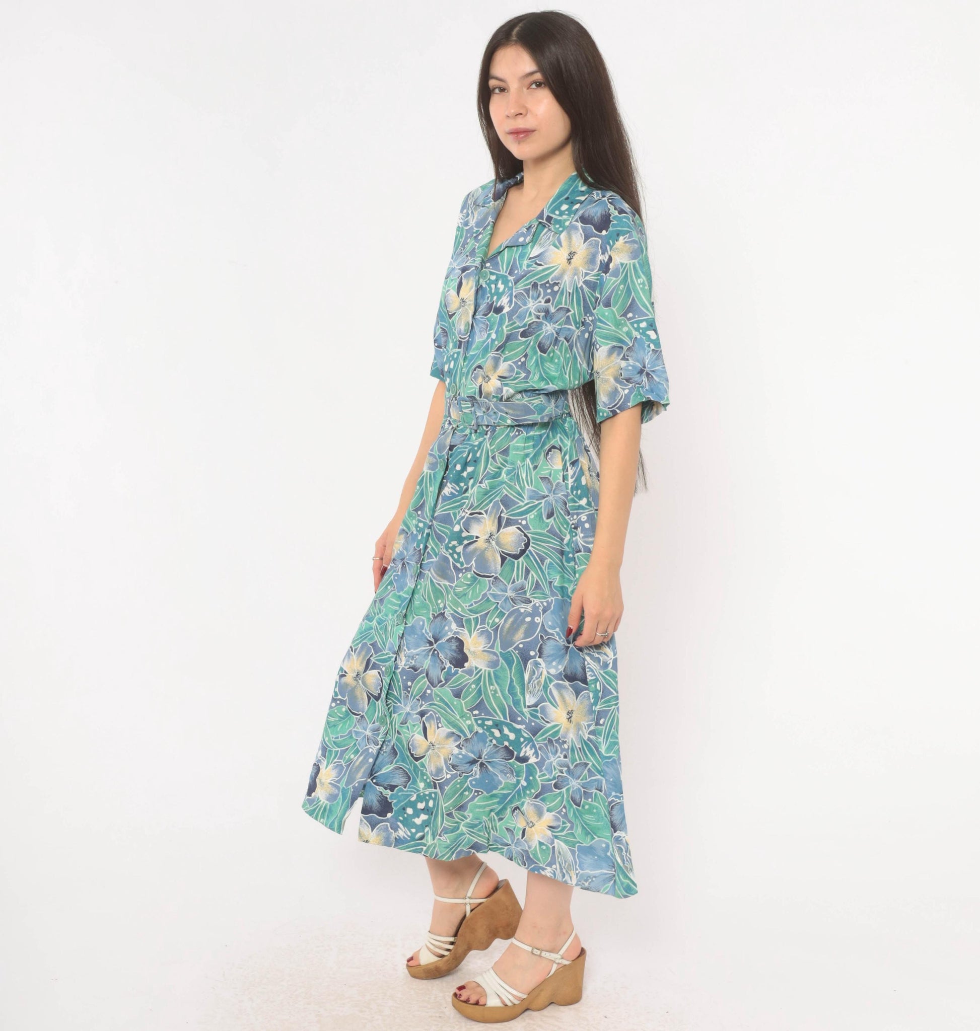 80s Elinor Carolina Maid Tropical Floral Shirtdress Blue Midi Medium