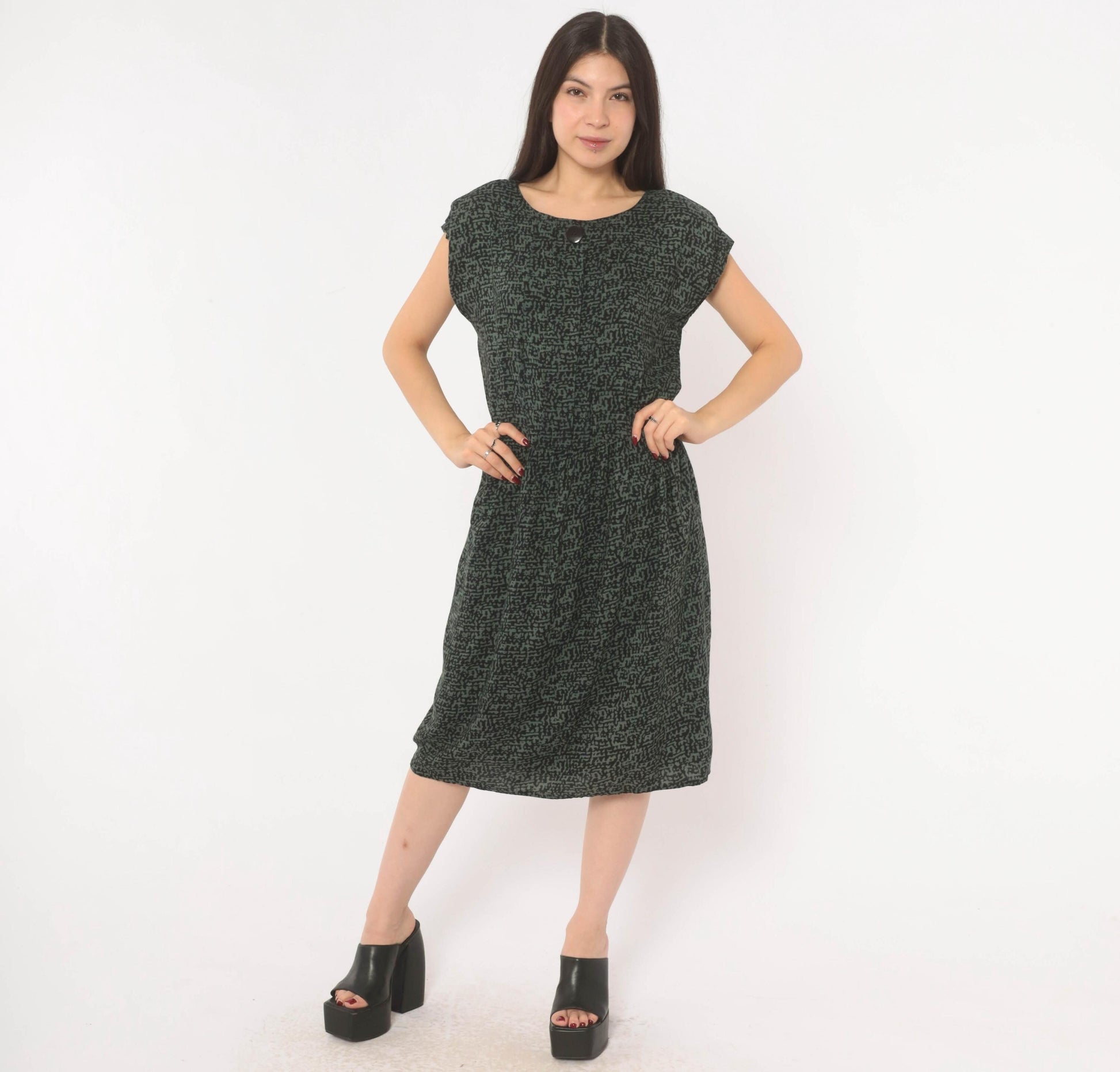 90s Items Abstract Print Dress Olive Black Cap Sleeve Medium M