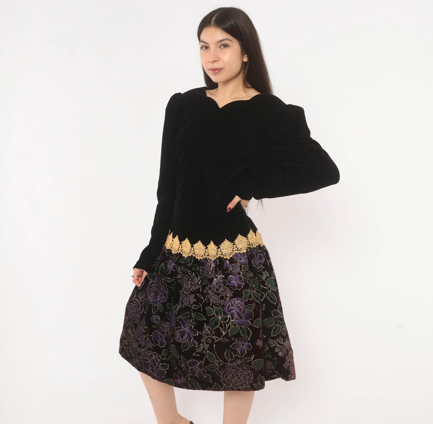 90s Scott Mcclintock Black Velvet Drop Waist Dress Purple Floral Open Back Large