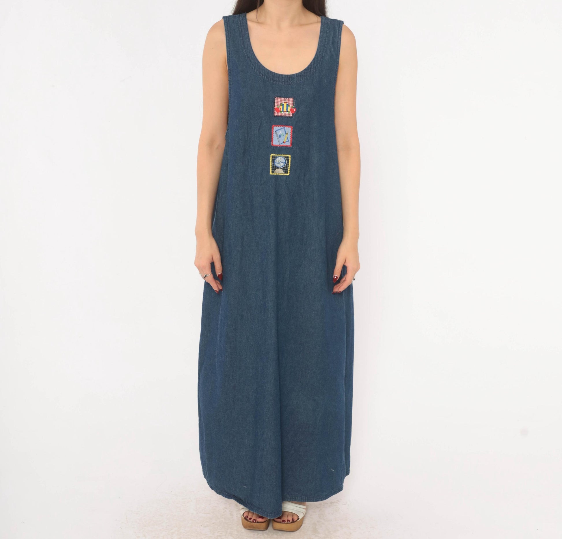 90s White Stag Navy Denim Maxi Jumper Dress School Patches Large L