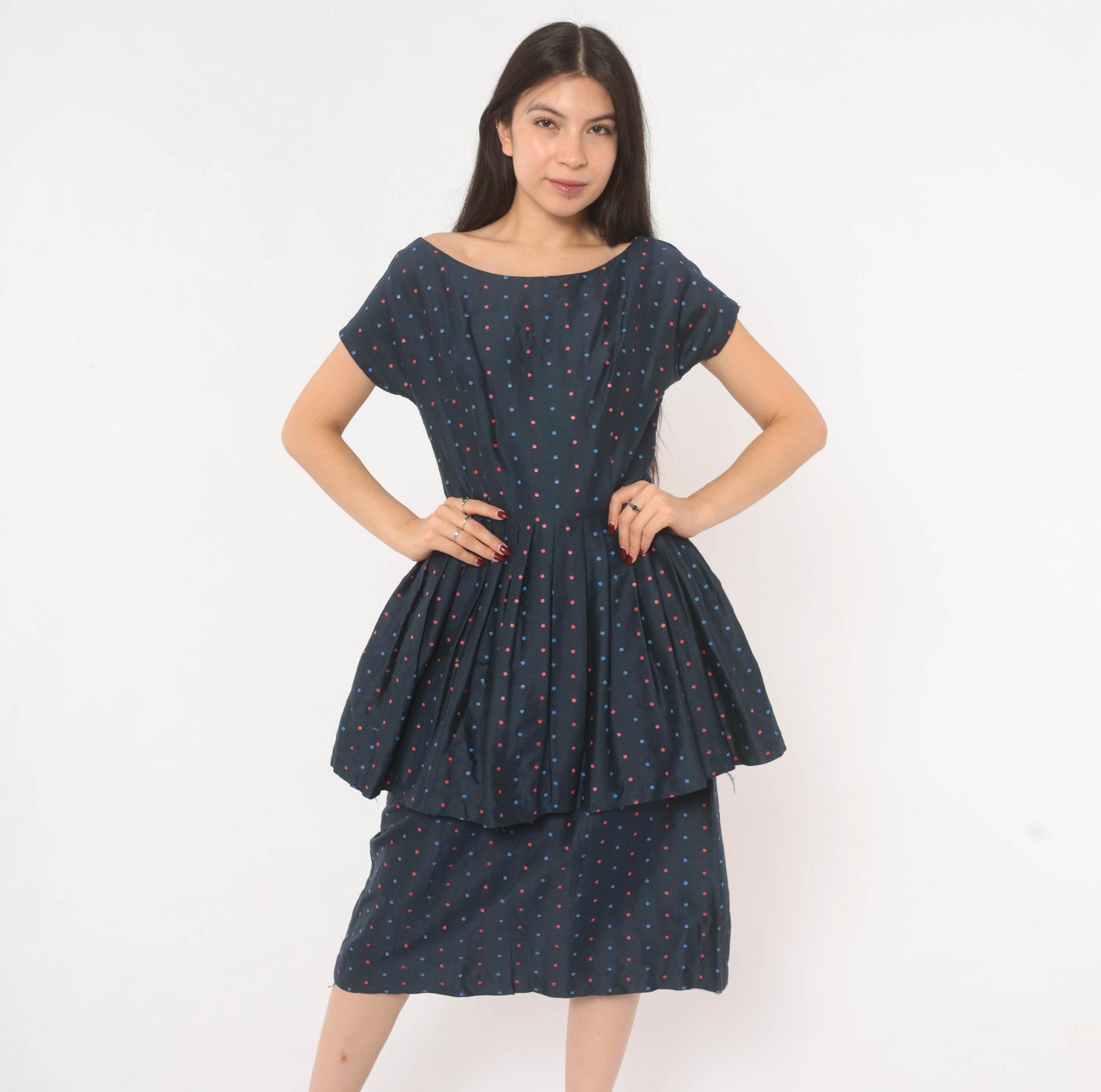 60s Navy Polka Dot Peplum Dress Red Blue Cap Sleeve Fitted Waist Medium M