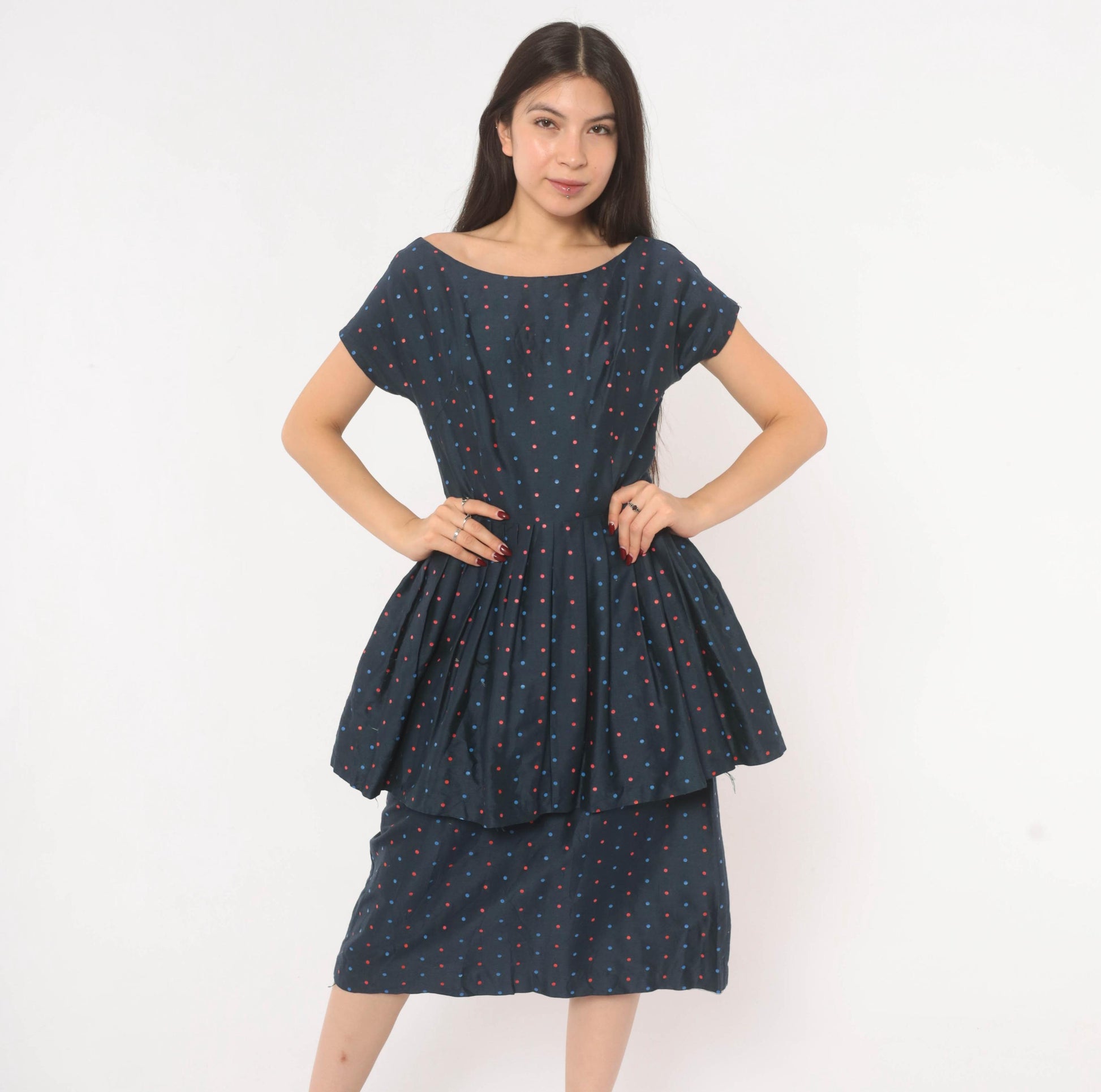 60s Navy Polka Dot Peplum Dress Red Blue Cap Sleeve Fitted Waist Medium M
