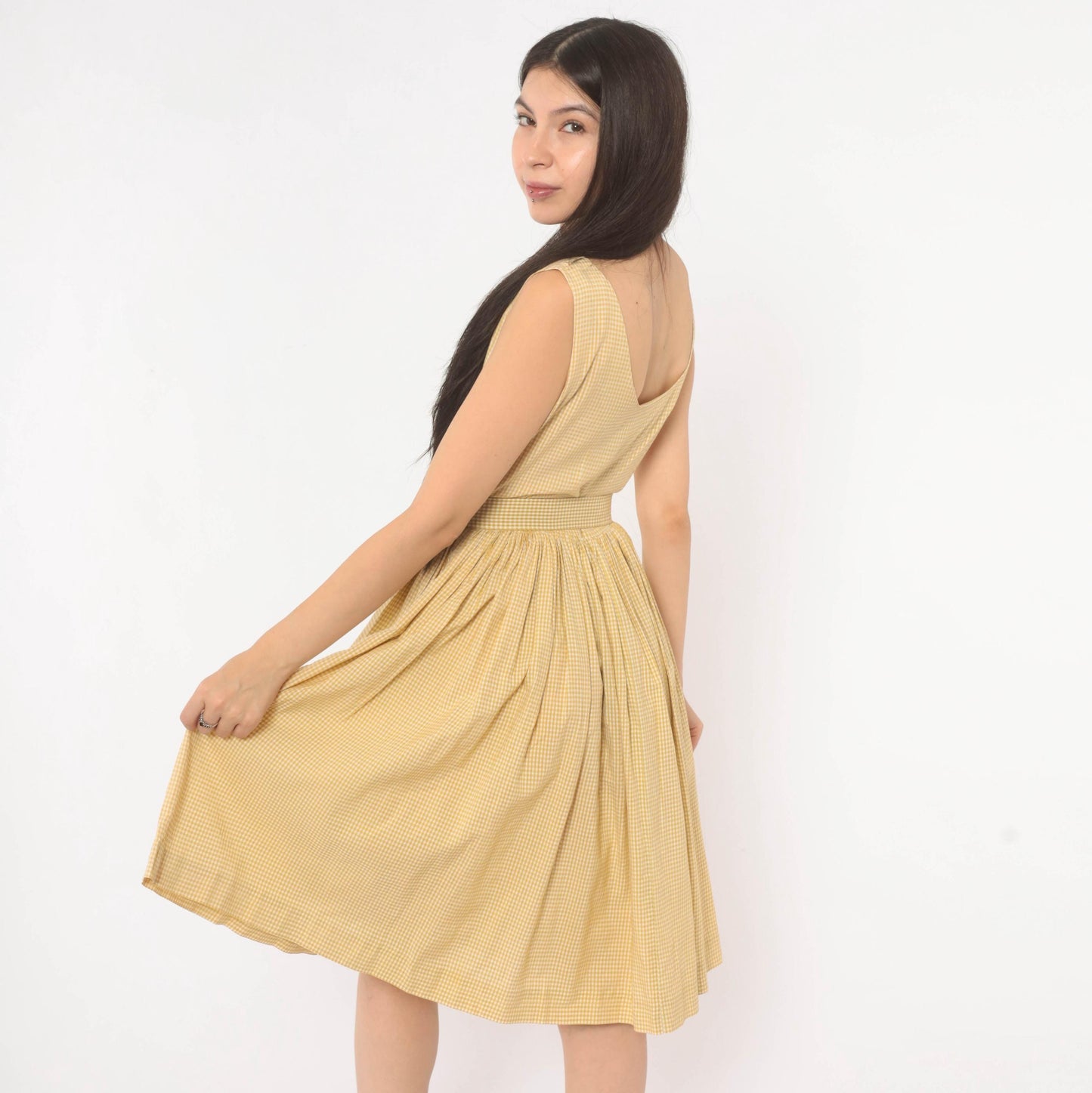 1950s P.S. Andrews Co Gingham Sundress Yellow White Cotton Fit Flare Extra Small XS