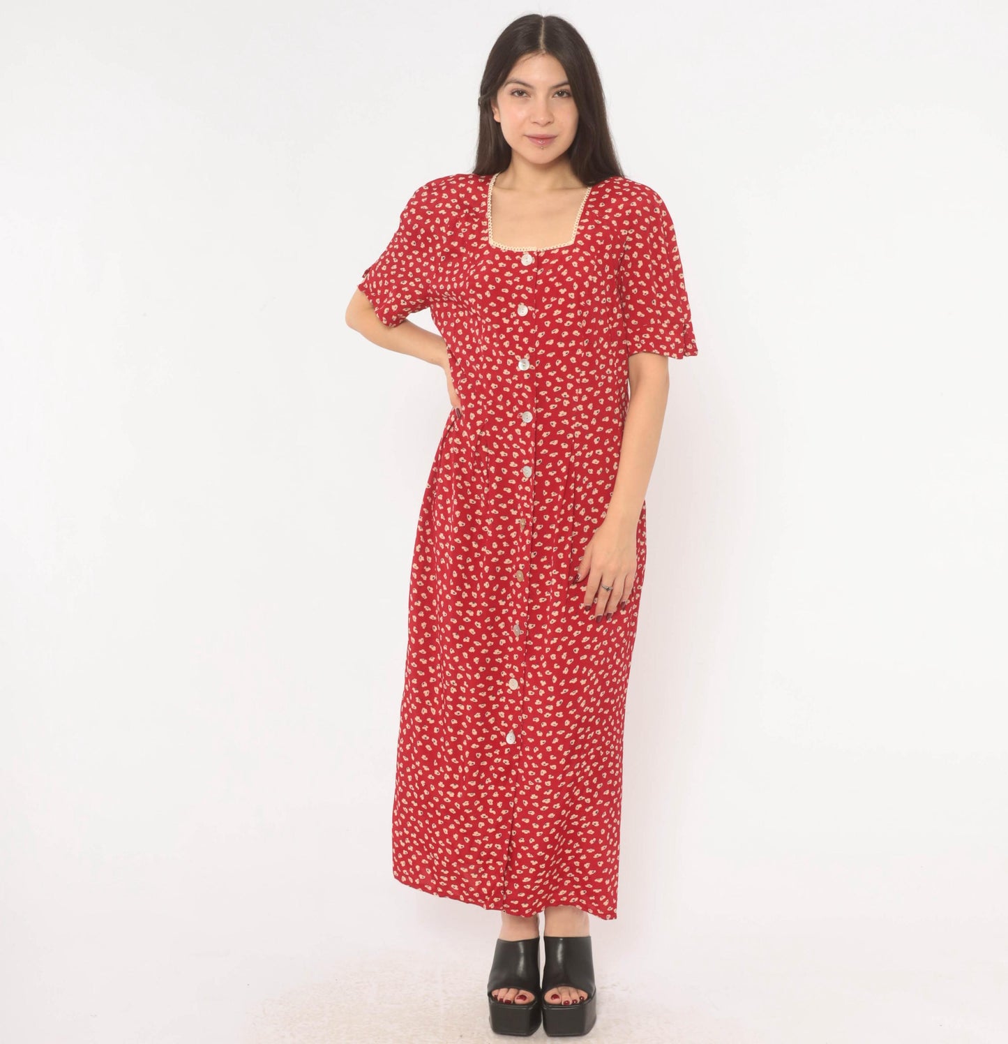 90s Anthony Mark Hankins Red Floral Maxi Dress Square Neck Lace Trim Large L
