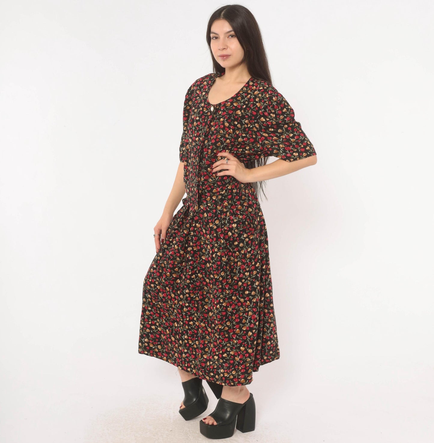 90s Periwinkle Black Tulip Maxi Dress Red Floral Puff Sleeve Plus Size XXL