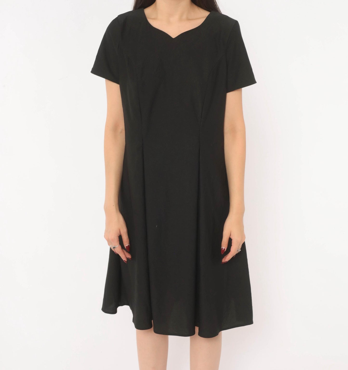 90s Black A-Line Dress Sweetheart Neckline Cap Sleeve Knee-Length Large L